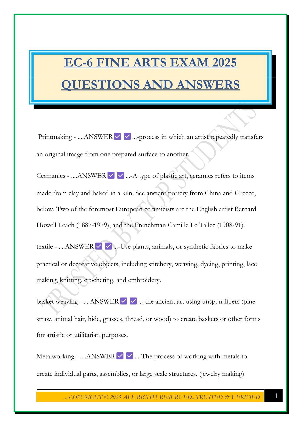EC-6 FINE ARTS EXAM 2025 QUESTIONS AND ANSWERS
