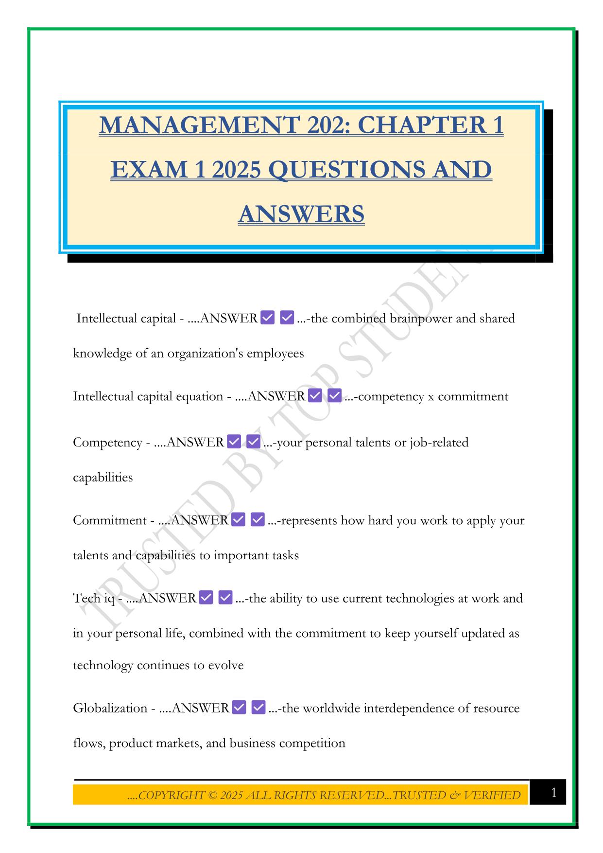 MANAGEMENT 202: CHAPTER 1 EXAM 1 2025 QUESTIONS AND ANSWERS