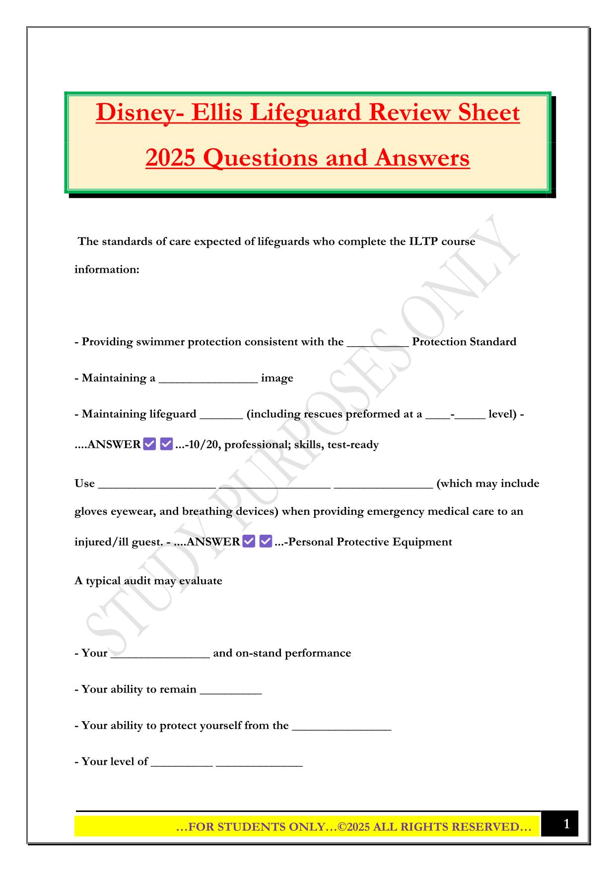 Disney- Ellis Lifeguard Review Sheet 2025 Questions and Answers
