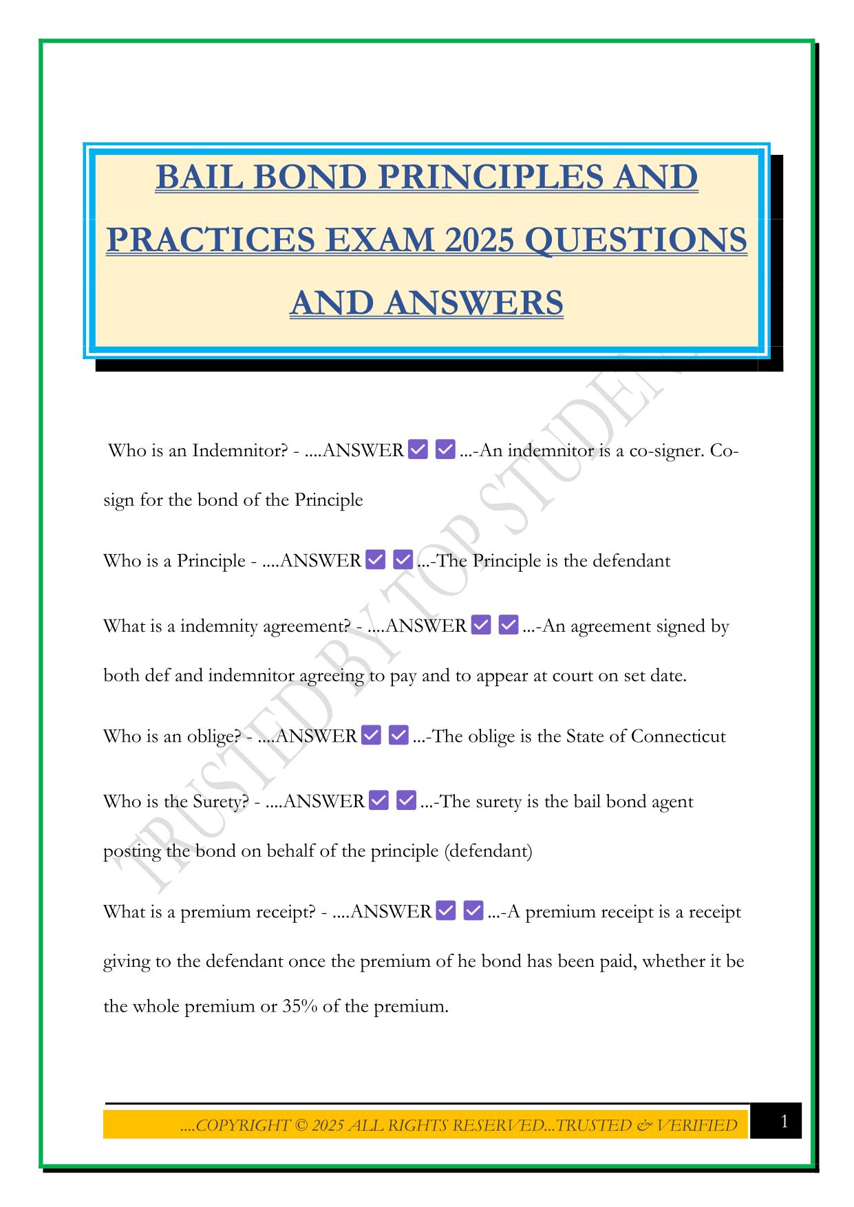 BAIL BONDS Bundled Exams Questions and Answers |100% Pass |Verified and Updated 