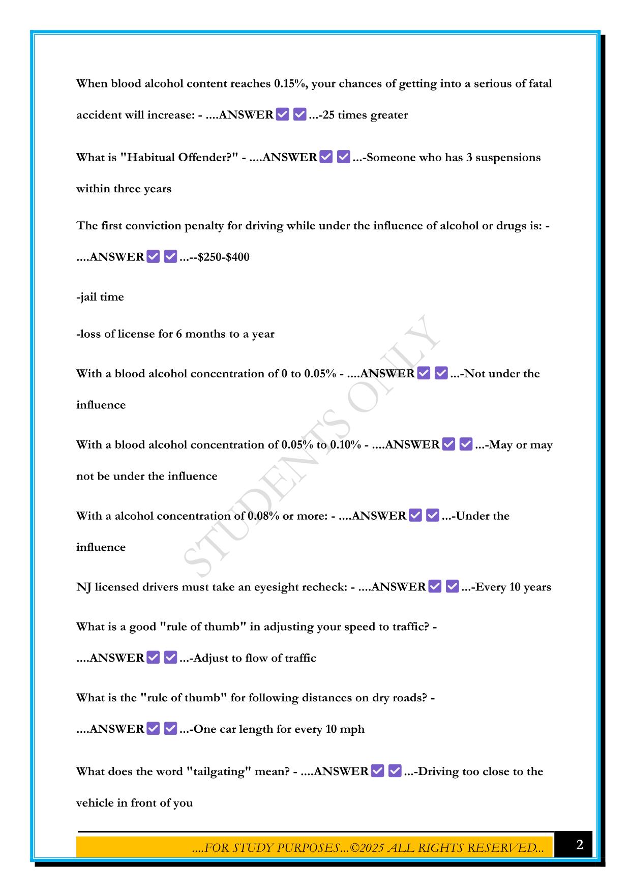NJ DRIVER'S PERMIT TEST 2025 QUESTIONS AND ANSWERS