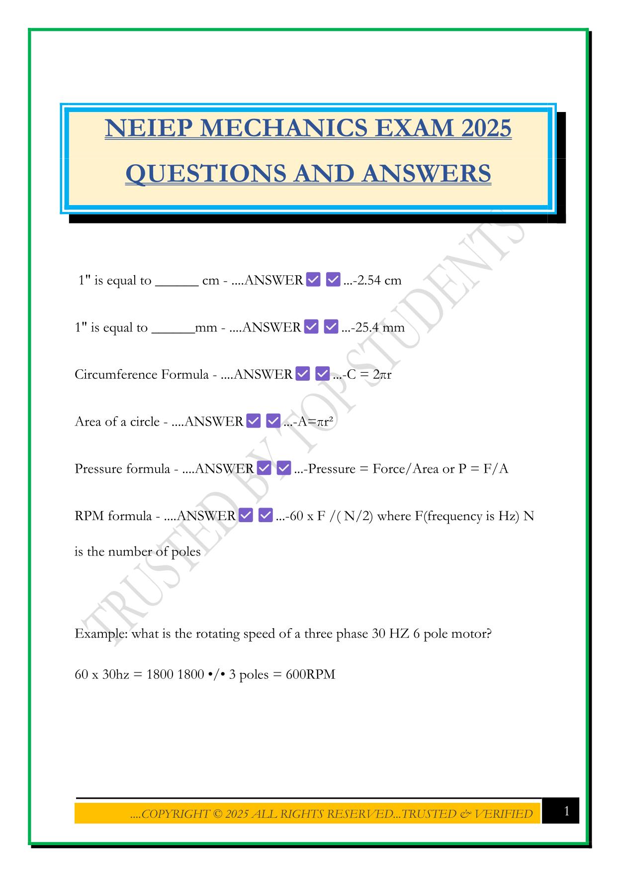 NEIEP MECHANICS EXAM 2025 QUESTIONS AND ANSWERS
