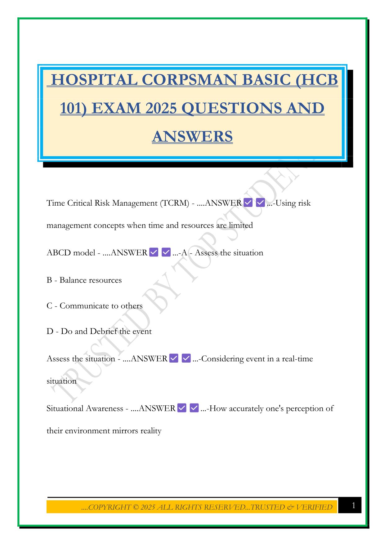 HOSPITAL CORPSMAN BASIC (HCB 101) EXAM 2025 QUESTIONS AND ANSWERS