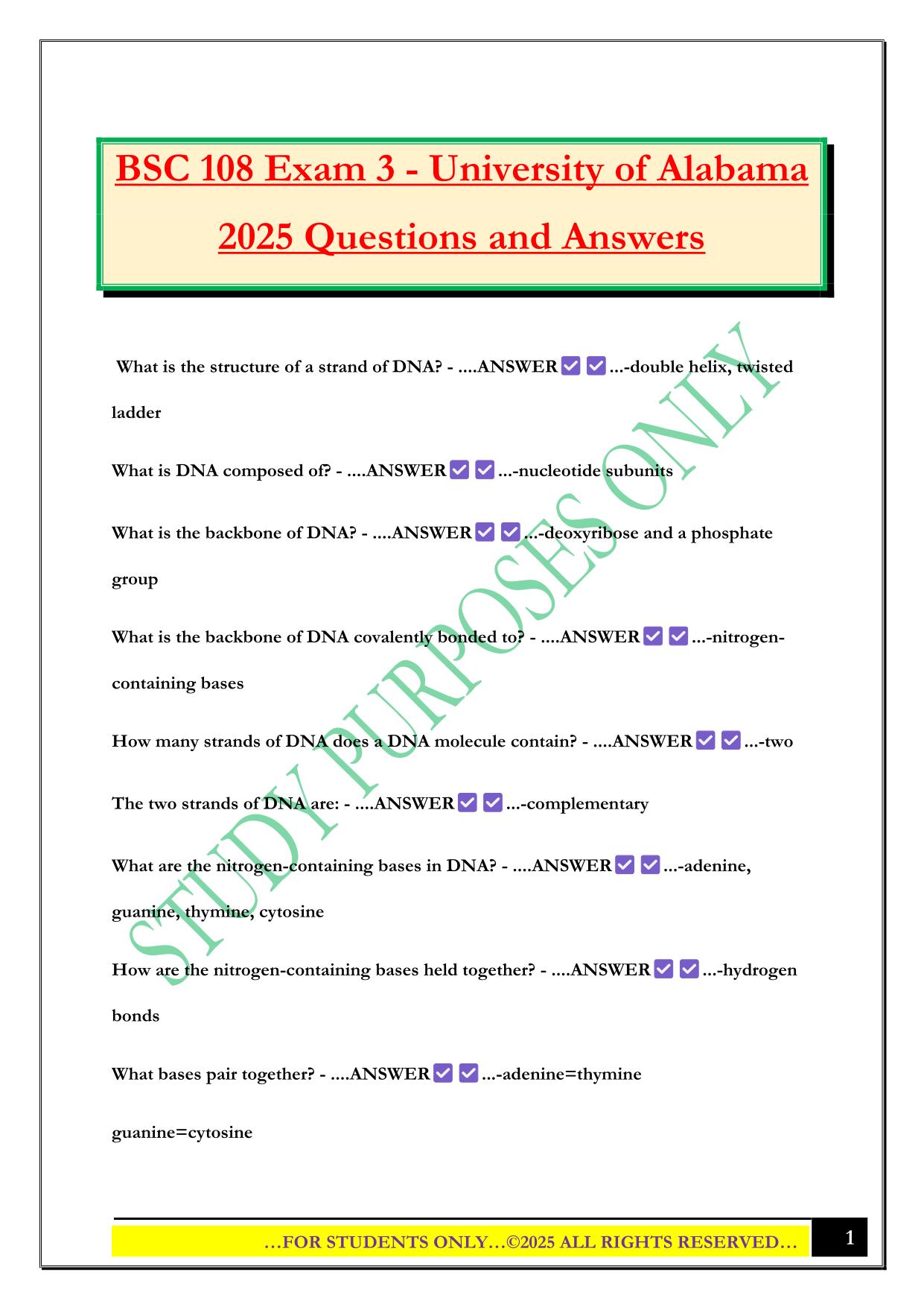 BSC 108 Exam 3 - University of Alabama 2025 Questions and Answers