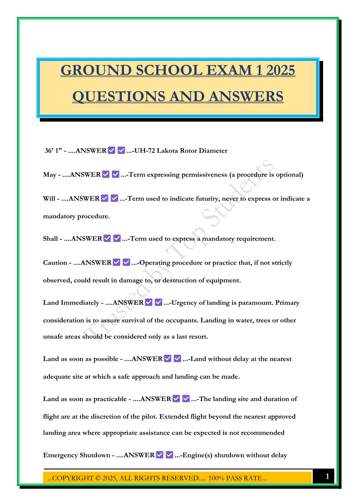 GROUND SCHOOL EXAM 1 2025 QUESTIONS AND ANSWERS