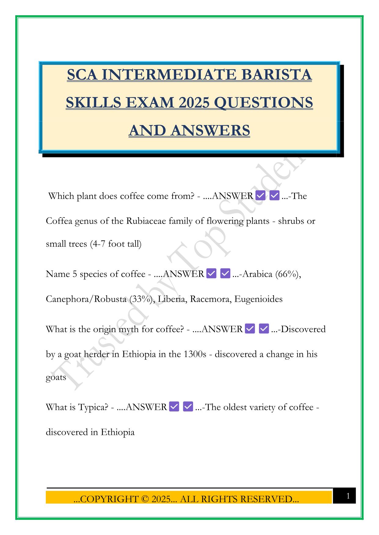 SCA INTERMEDIATE BARISTA SKILLS EXAM 2025 QUESTIONS AND ANSWERS