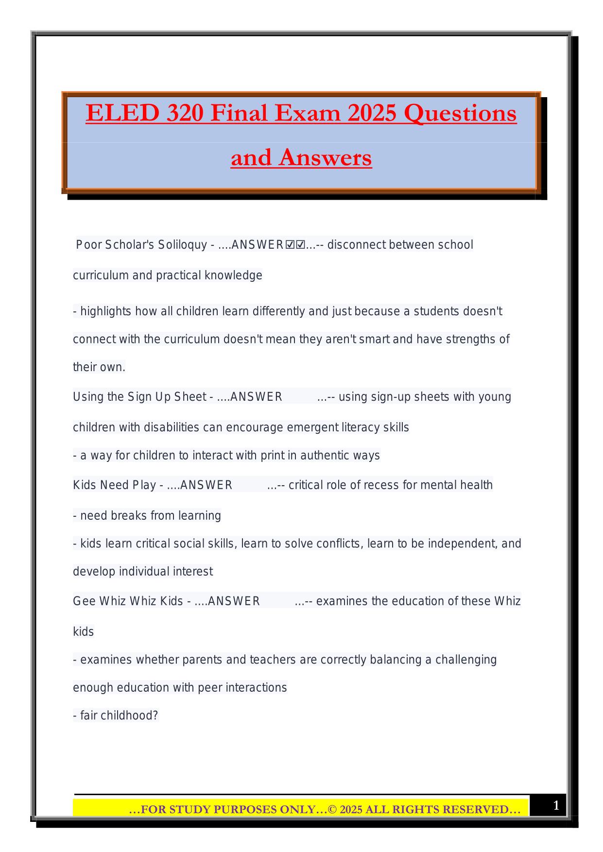 ELED 320 Final Exam 2025 Questions and Answers