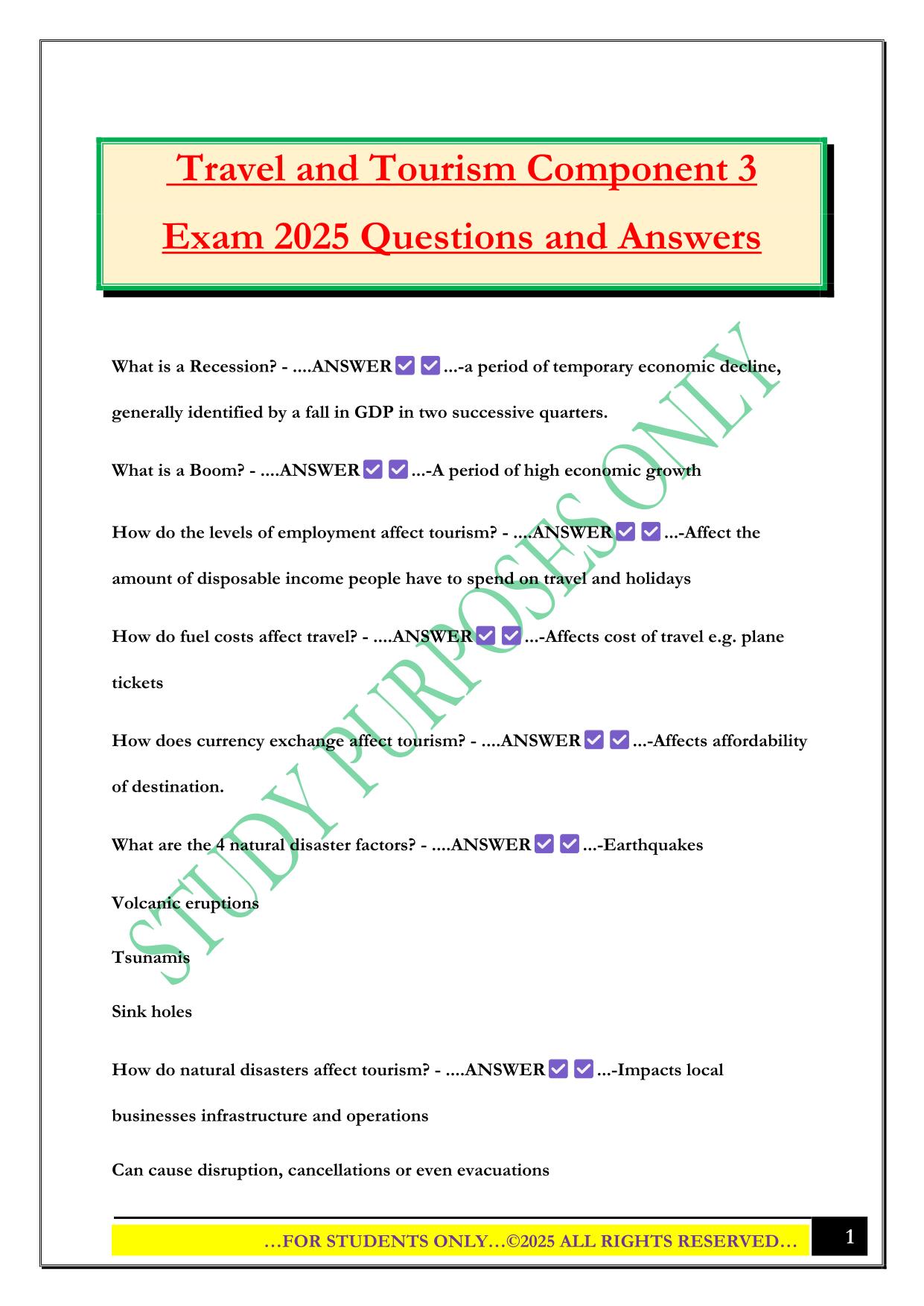 Travel and Tourism Component 3 Exam 2025 Questions and Answers