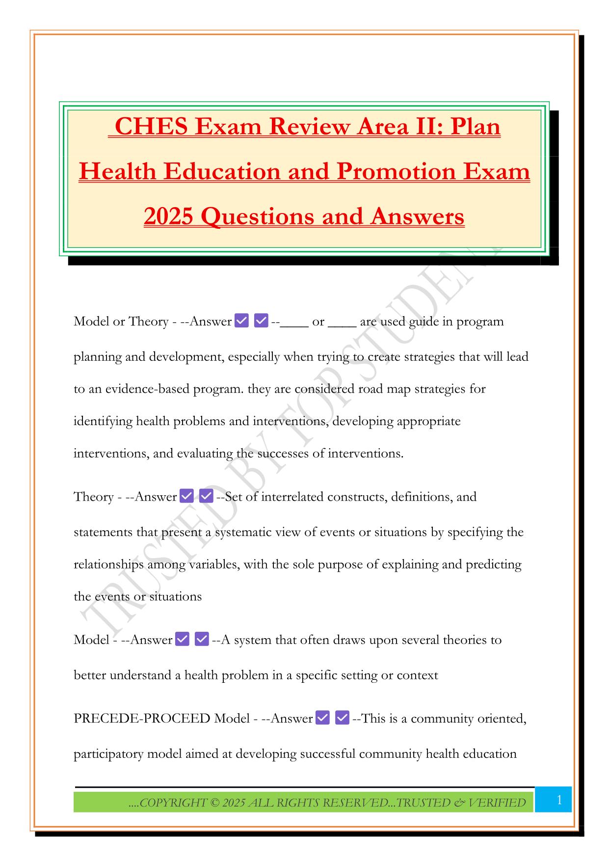 CHES Exam Review Area II: Plan Health Education and Promotion Exam 2025 Questions and Answers