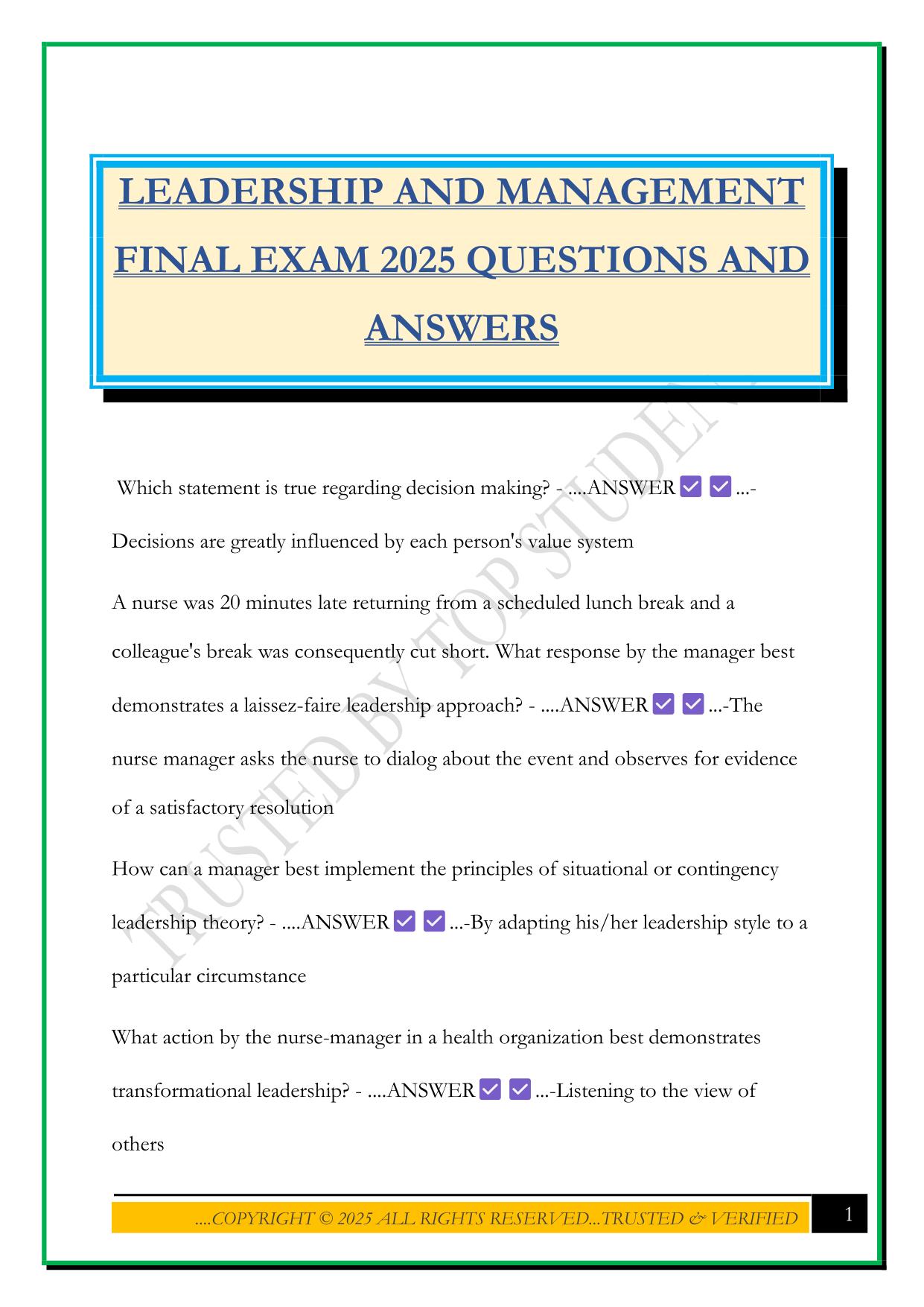 LEADERSHIP AND MANAGEMENT FINAL EXAM 2025 QUESTIONS AND ANSWERS
