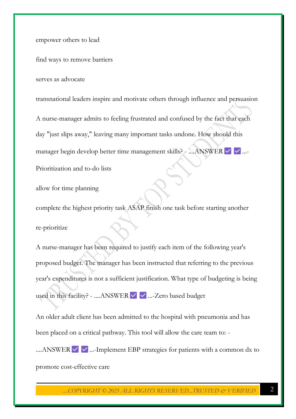 LEADERSHIP AND MANAGEMENT FINAL EXAM 2025 QUESTIONS AND ANSWERS