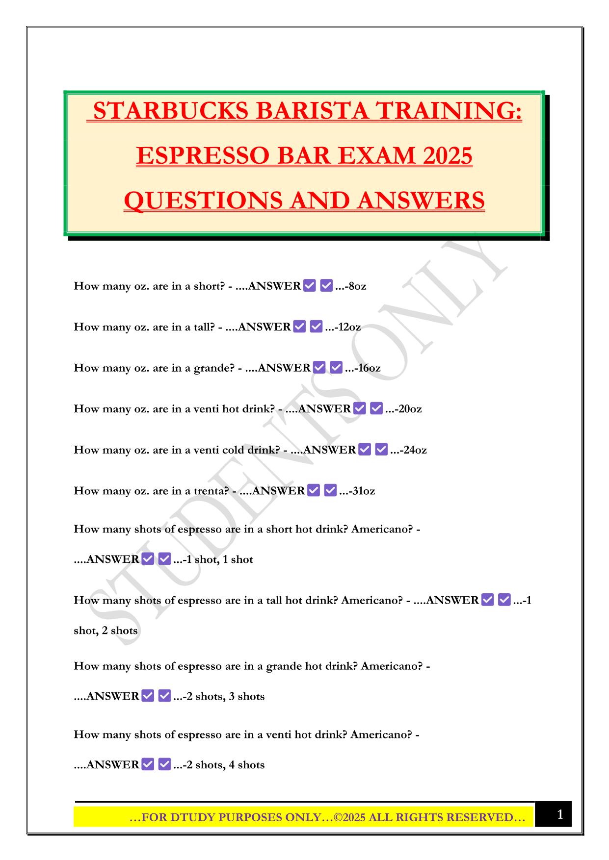 STARBUCKS BARISTA Bundled Exams 2025/2026 |Questions and Answers |100% Pass