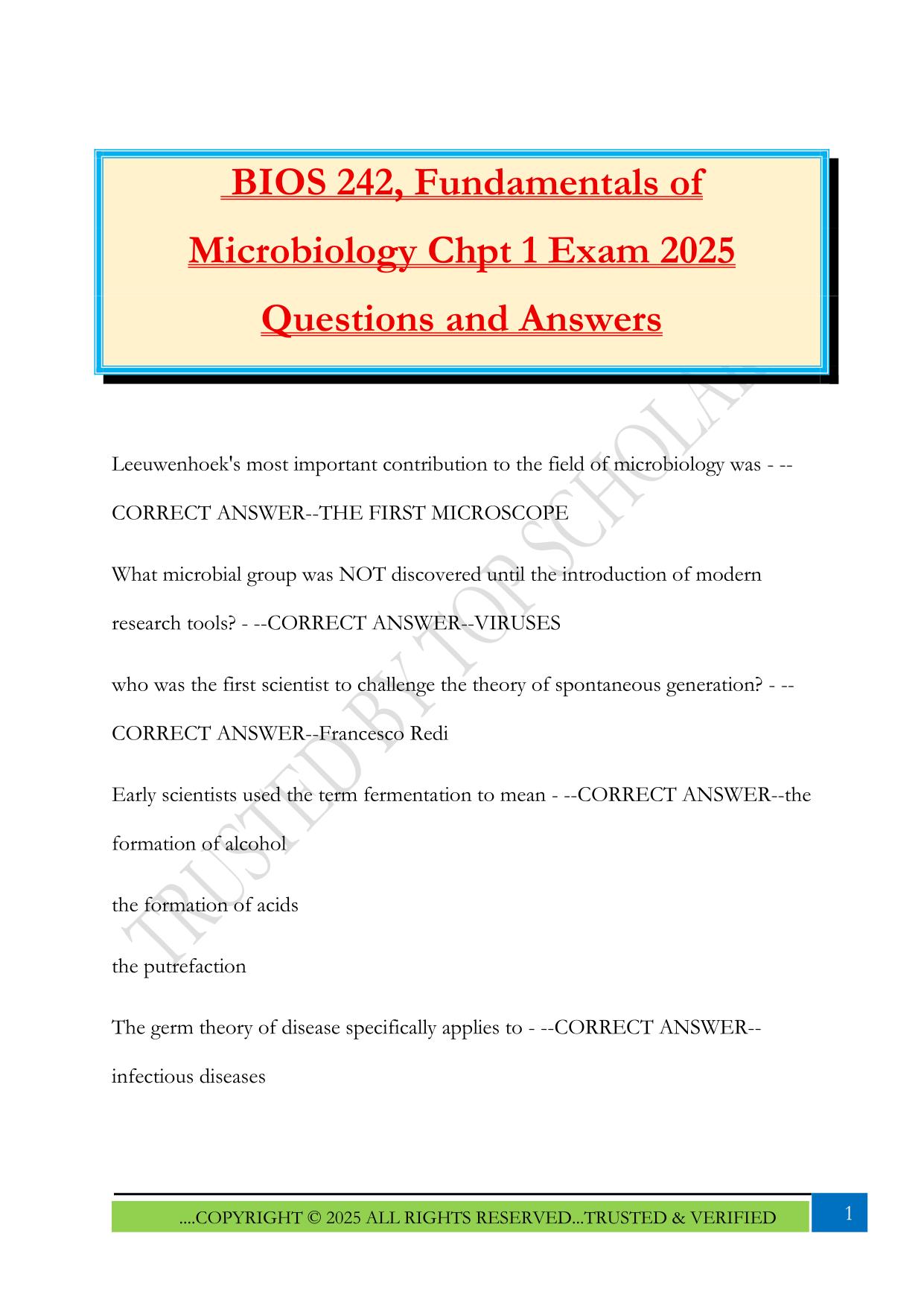BIOS 242, Fundamentals of Microbiology Chpt 1 Exam 2025 Questions and Answers