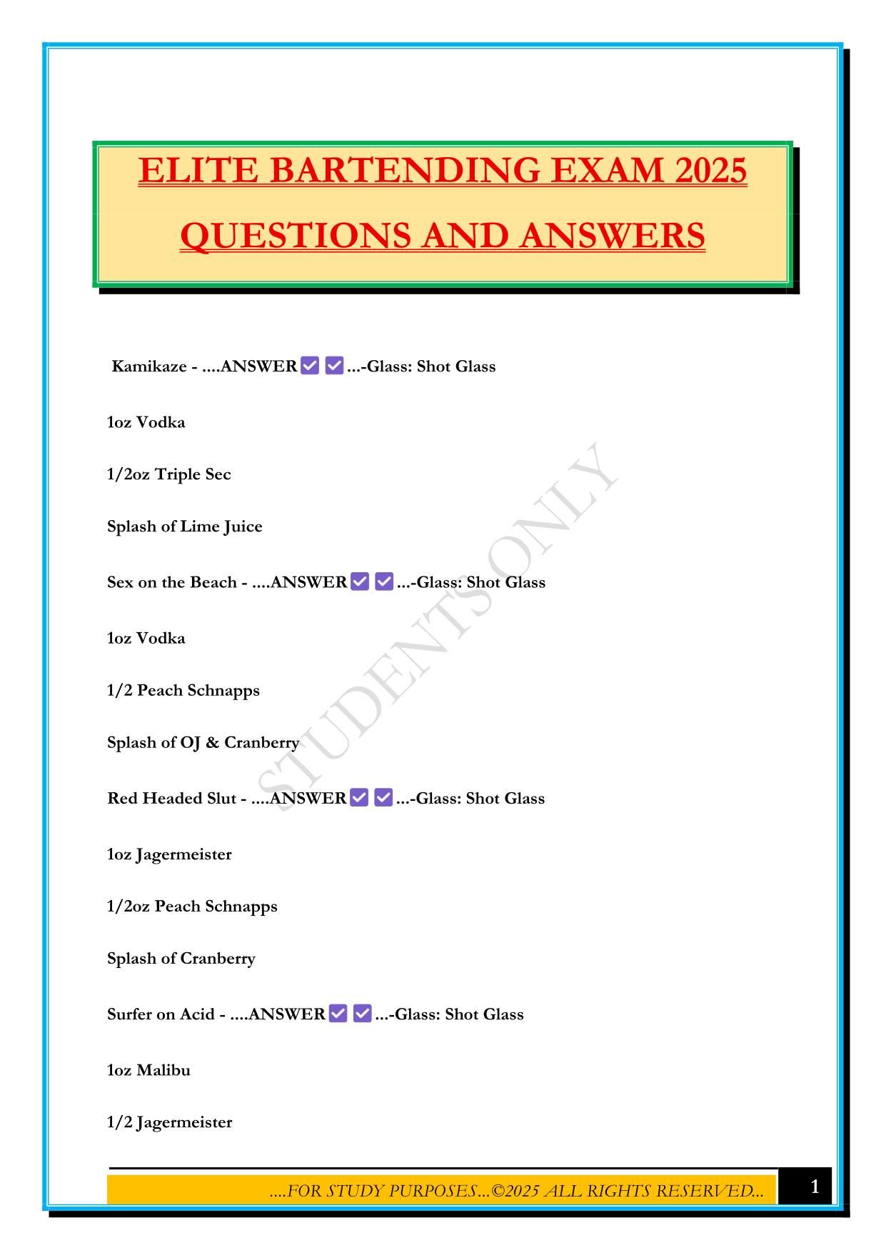 ELITE BARTENDING EXAM 2025 QUESTIONS AND ANSWERS