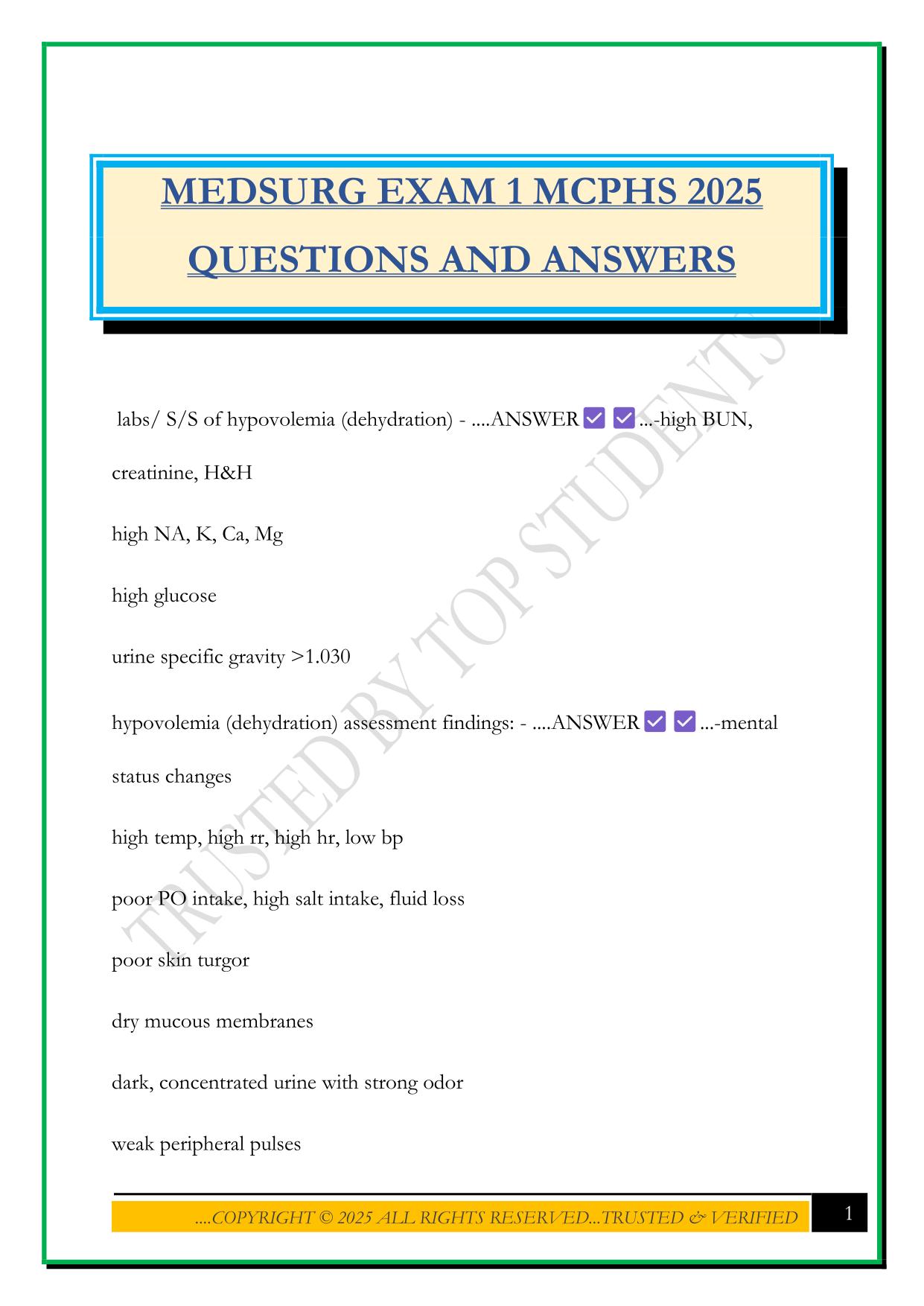 MEDSURG EXAM 1 MCPHS 2025 QUESTIONS AND ANSWERS