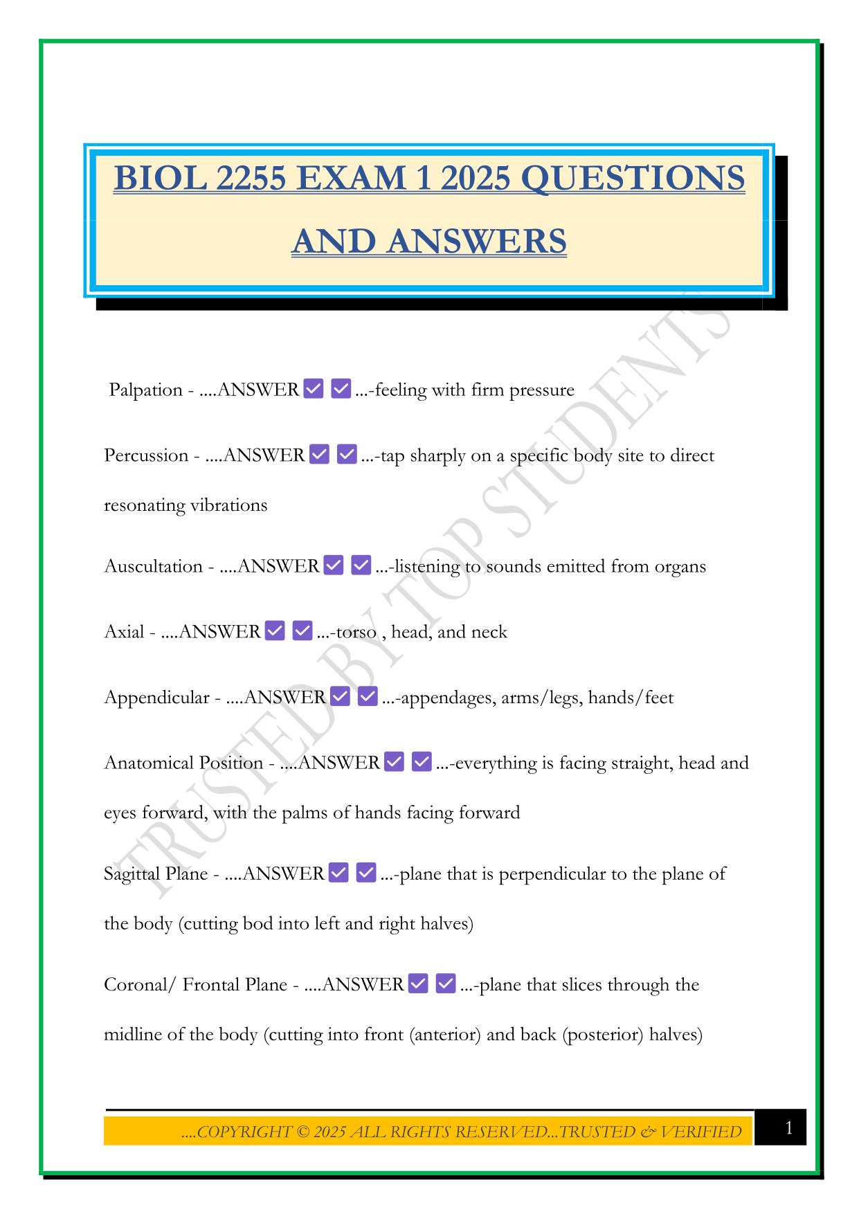 BIOL 2255 EXAM 1 2025 QUESTIONS AND ANSWERS