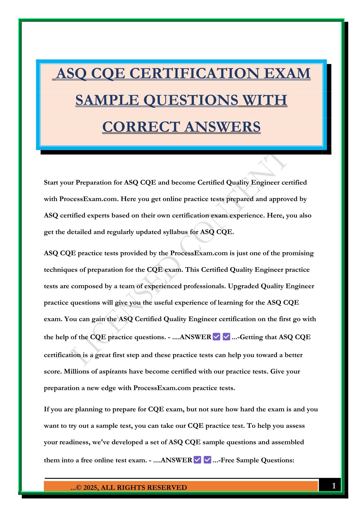 ASQ CQE CERTIFICATION EXAM SAMPLE QUESTIONS WITH CORRECT ANSWERS