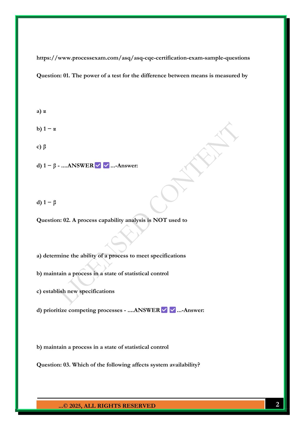 ASQ CQE CERTIFICATION EXAM SAMPLE QUESTIONS WITH CORRECT ANSWERS