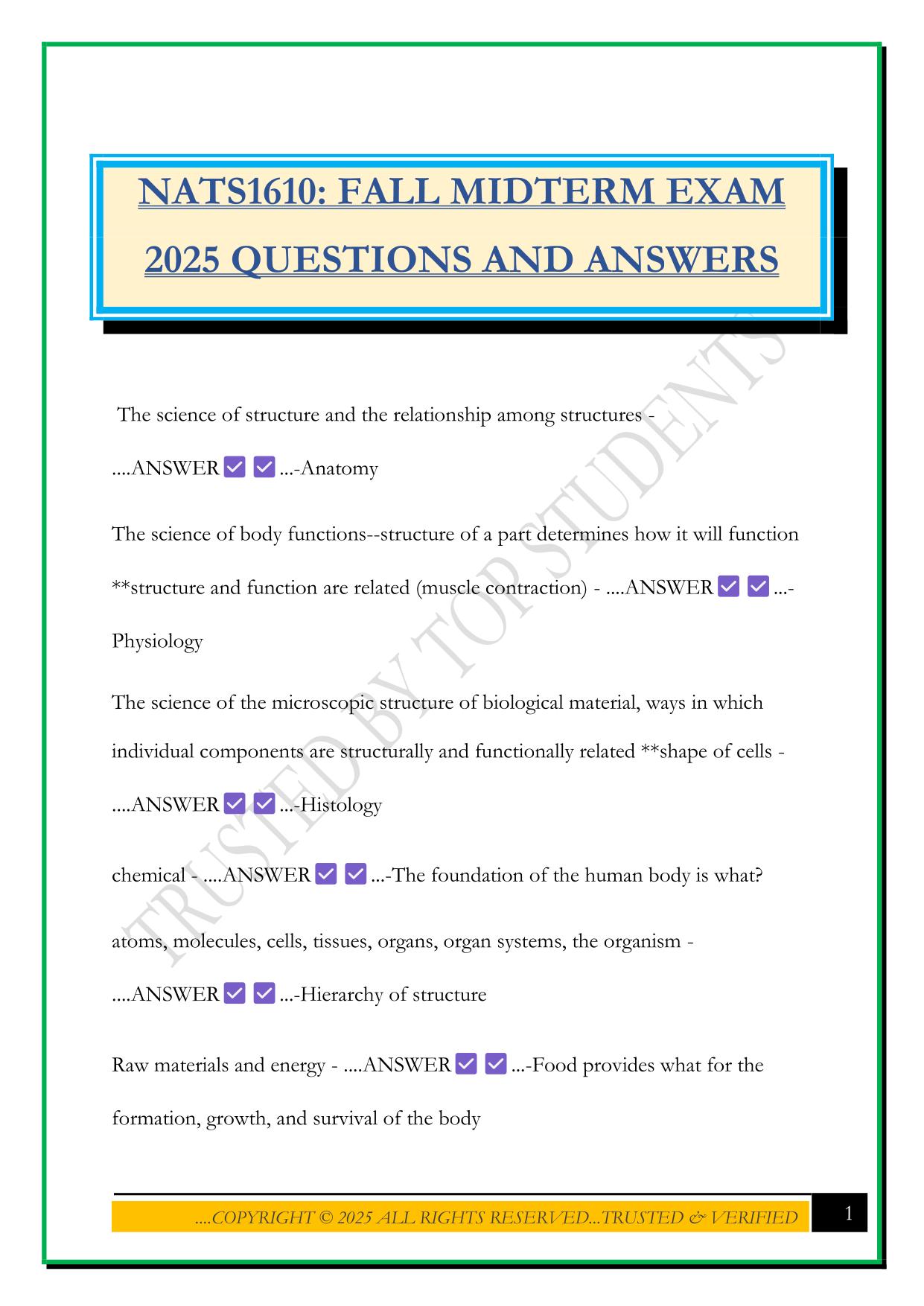 NATS1610: FALL MIDTERM EXAM 2025 QUESTIONS AND ANSWERS