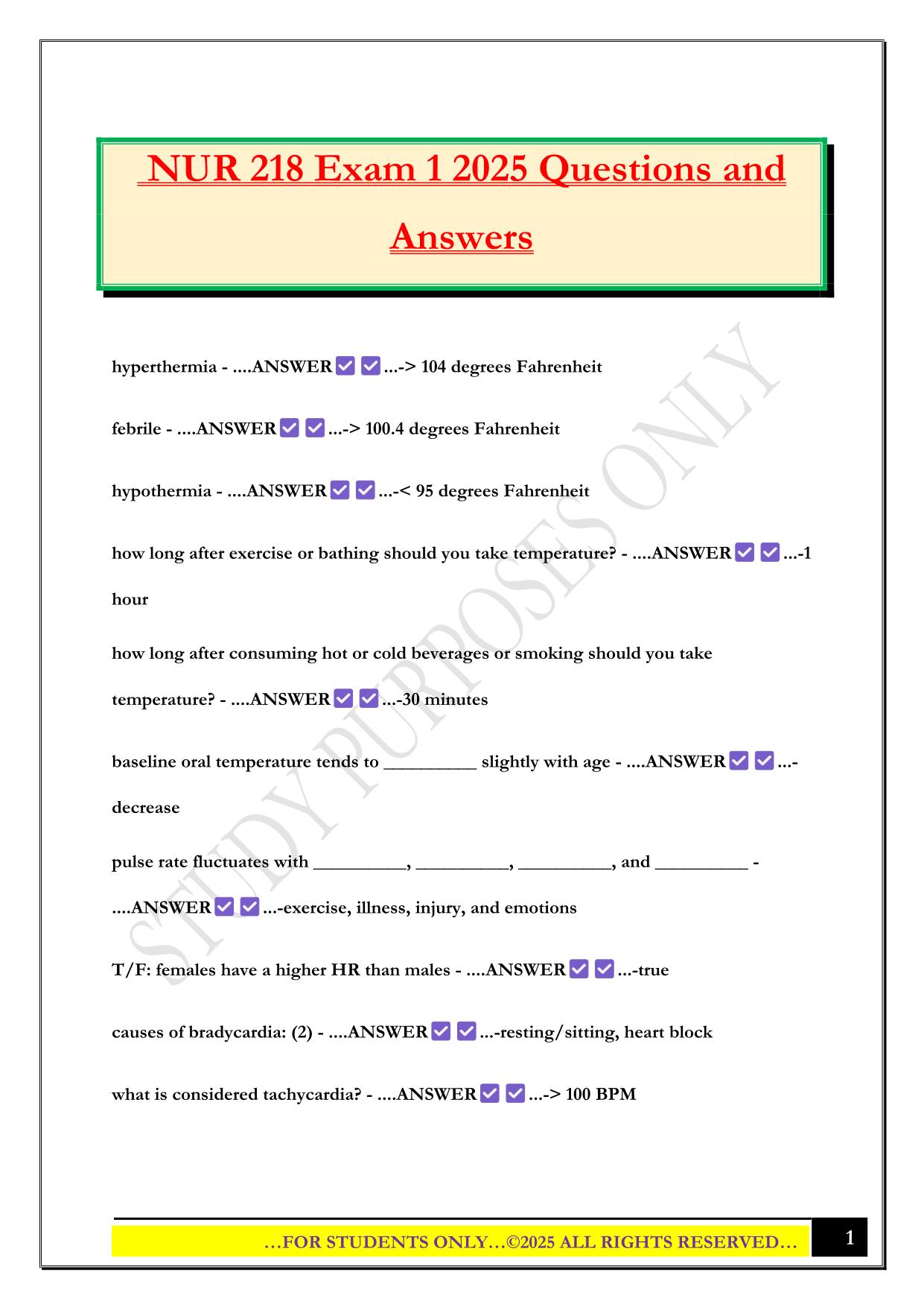 NUR 218 Exam 1 2025 Questions and Answers