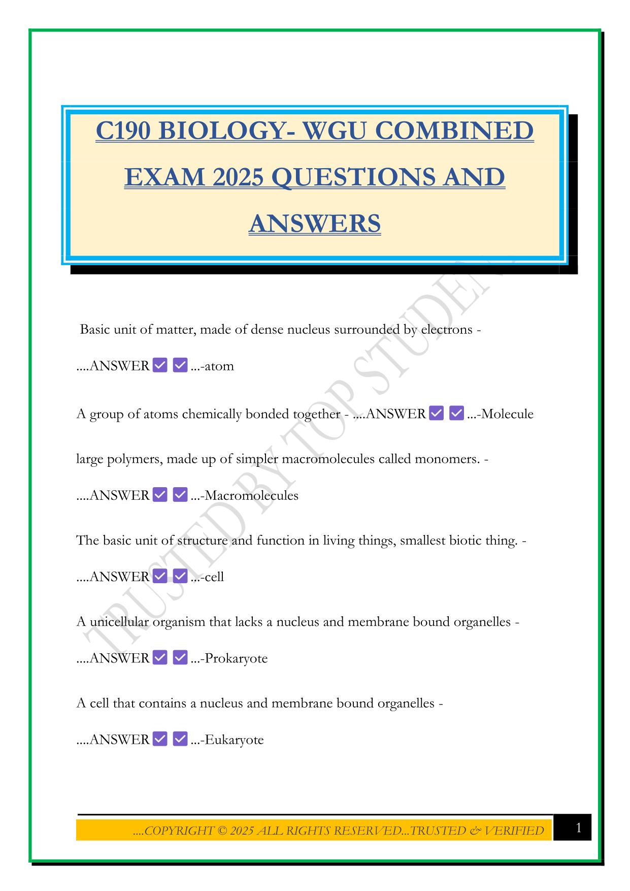 C190 BIOLOGY- WGU COMBINED EXAM 2025 QUESTIONS AND ANSWERS
