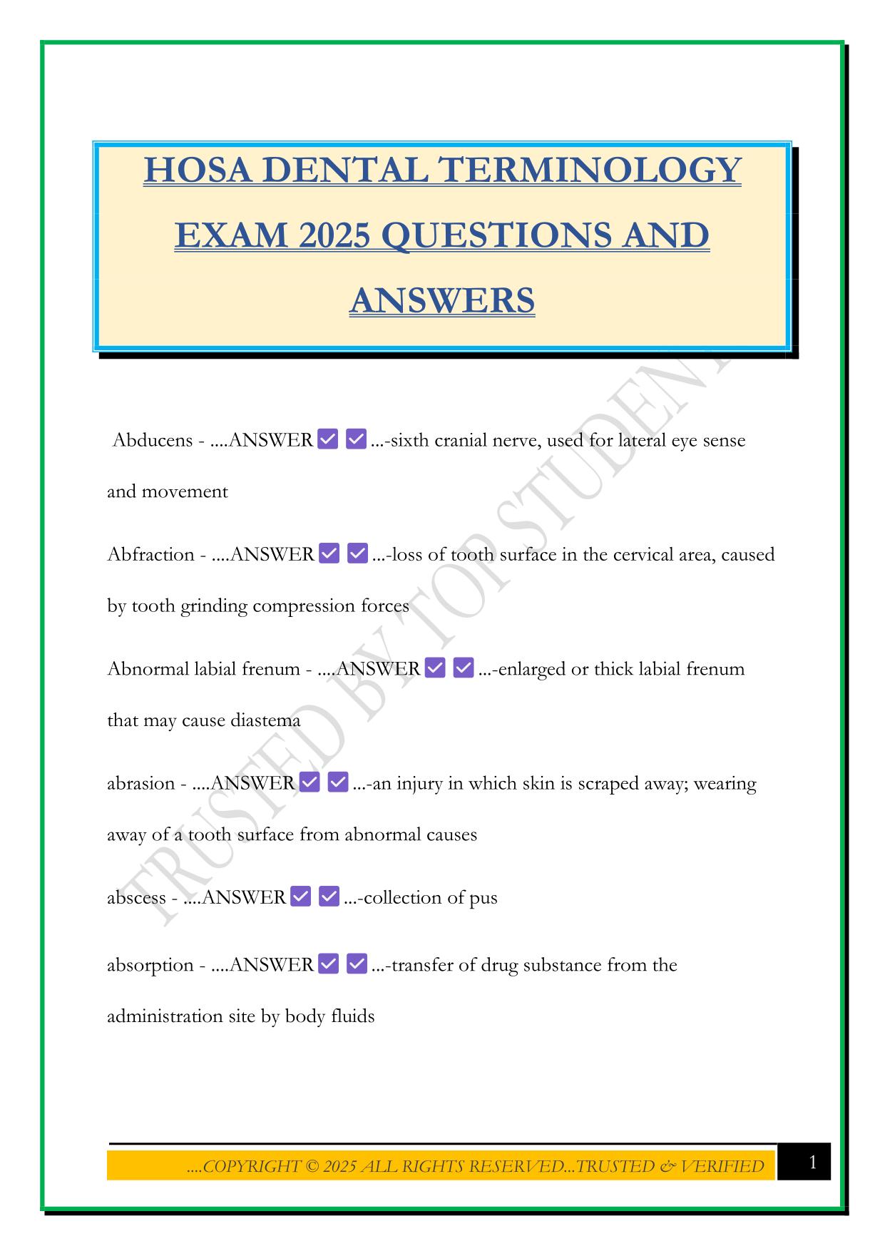 HOSA DENTAL TERMINOLOGY EXAM 2025 QUESTIONS AND ANSWERS