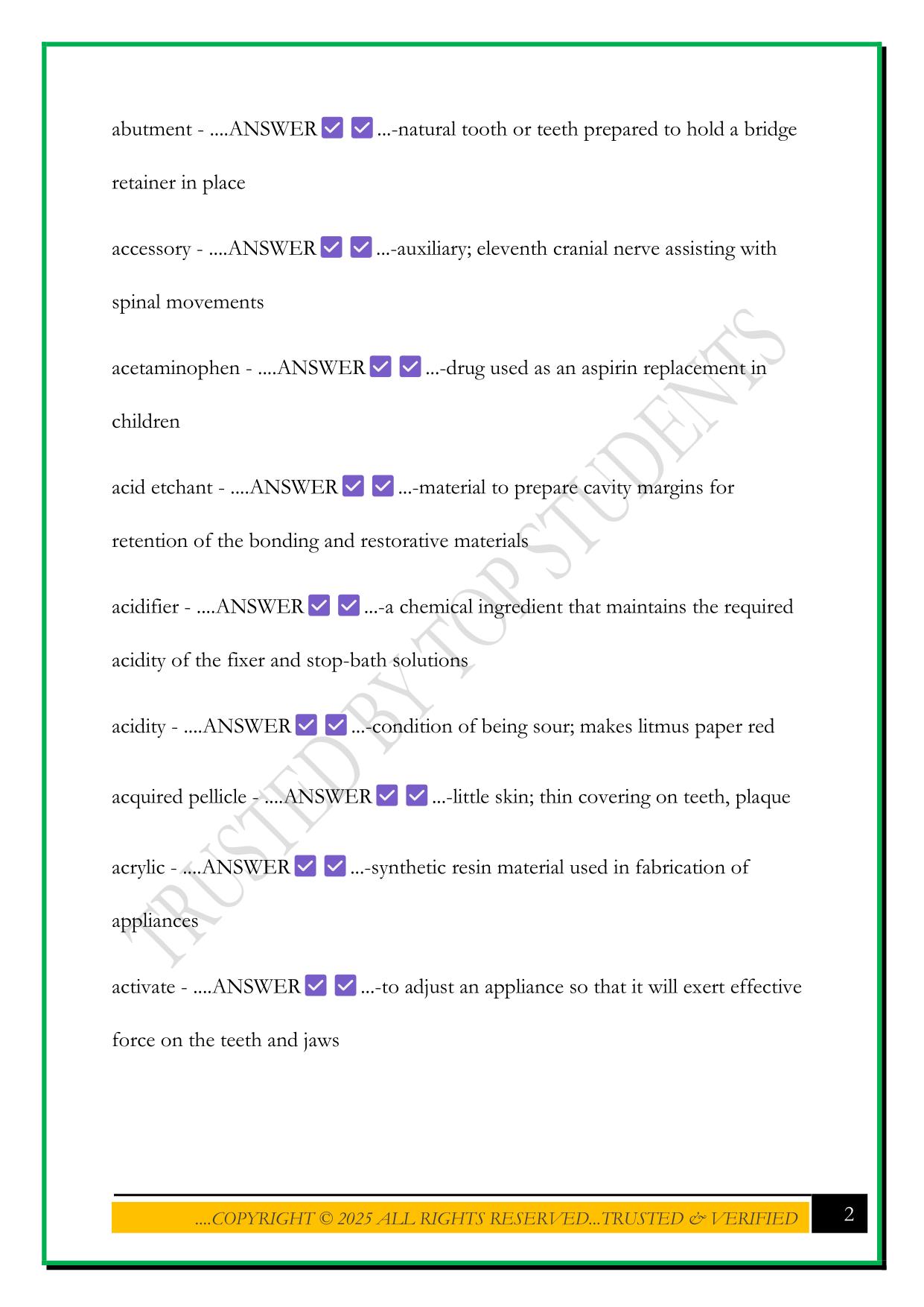 HOSA DENTAL TERMINOLOGY EXAM 2025 QUESTIONS AND ANSWERS