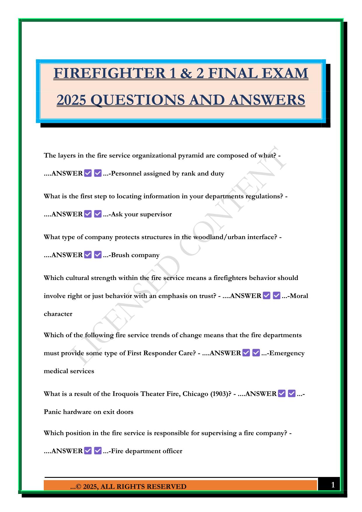 FIREFIGHTER 1 & 2 FINAL EXAM 2025 QUESTIONS AND ANSWERS