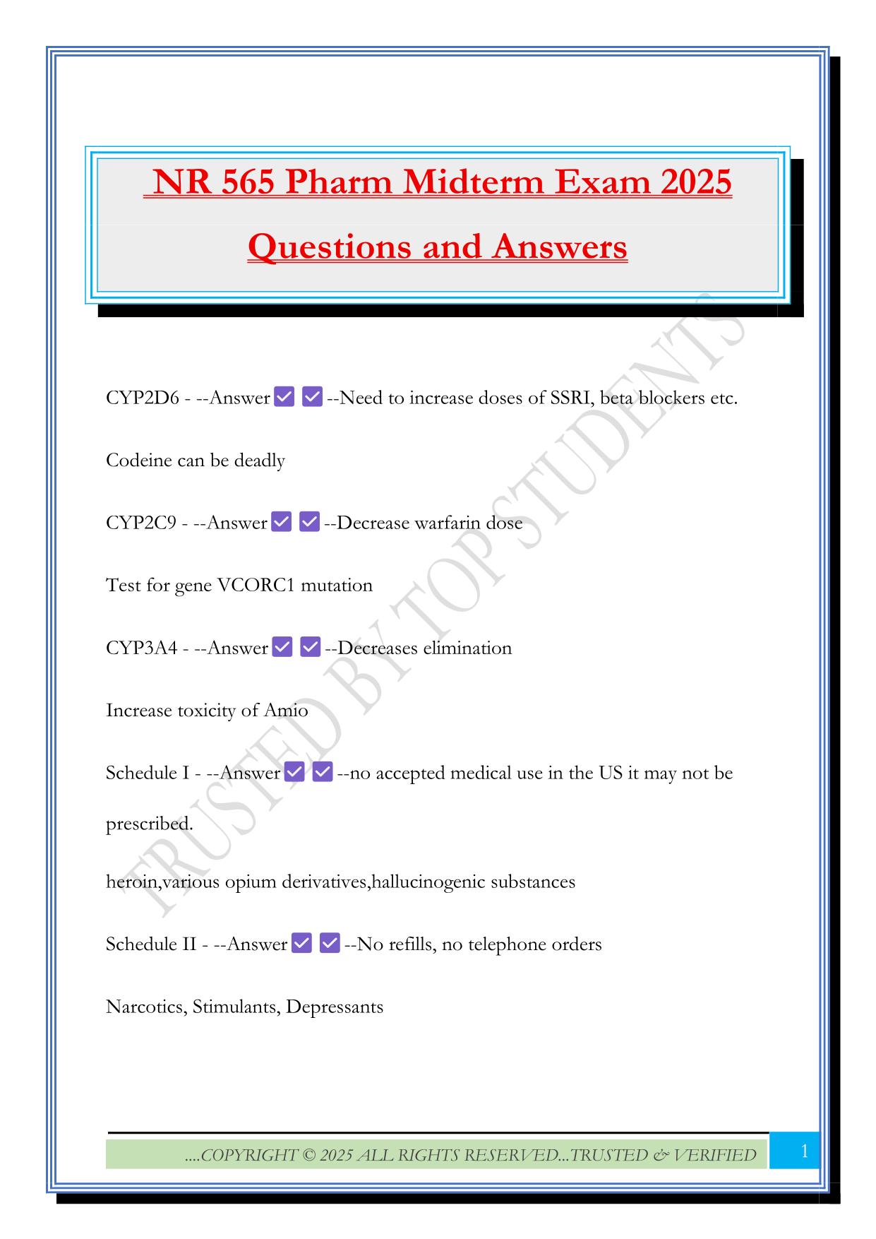NR 565 Pharm Midterm Exam 2025 Questions and Answers