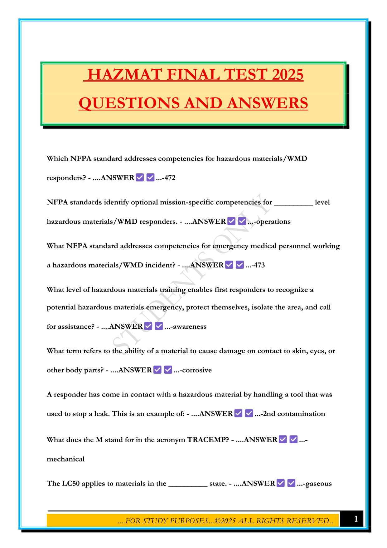 HAZMAT FINAL TEST 2025 QUESTIONS AND ANSWERS