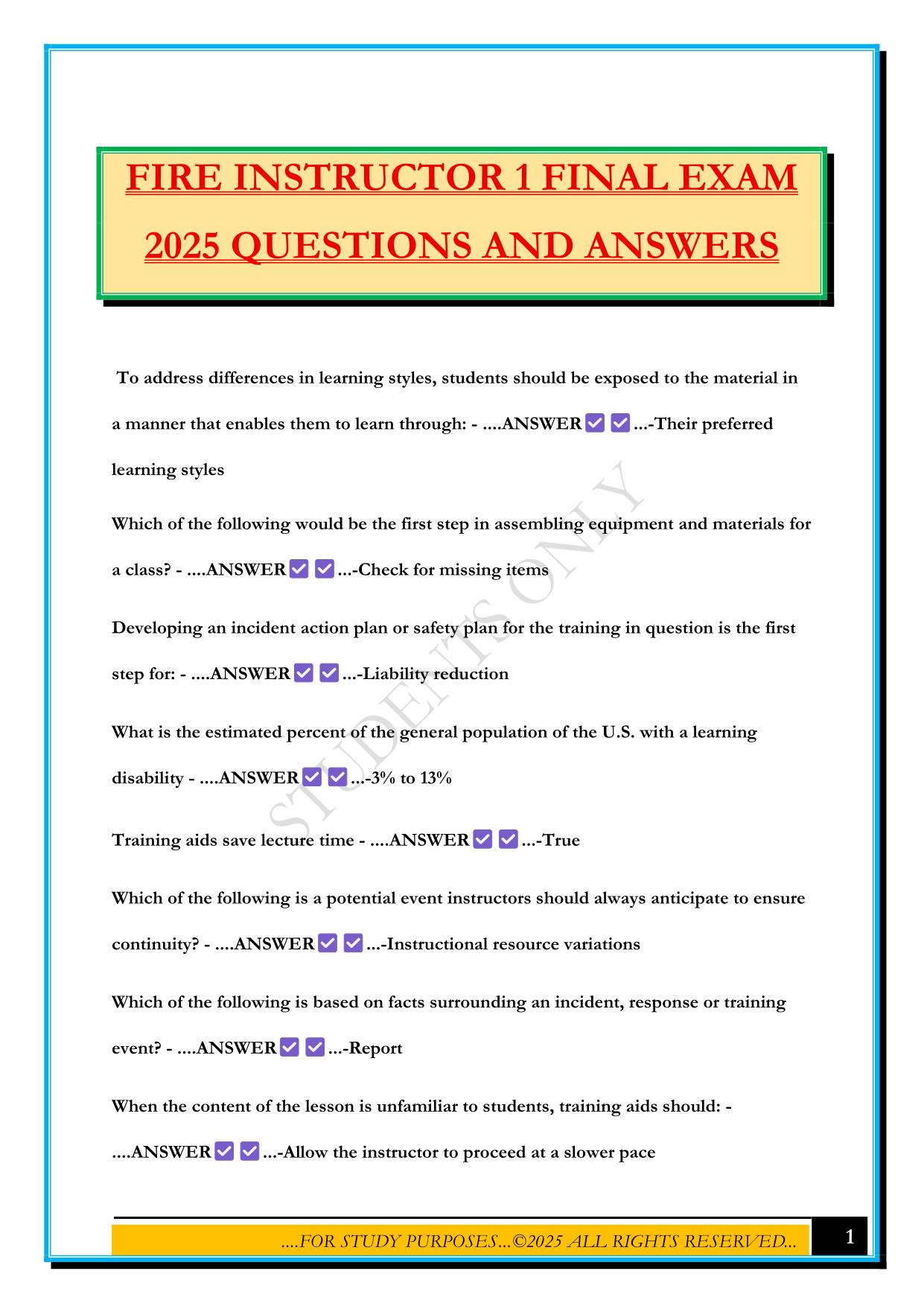 FIRE INSTRUCTOR 1 FINAL EXAM 2025 QUESTIONS AND ANSWERS