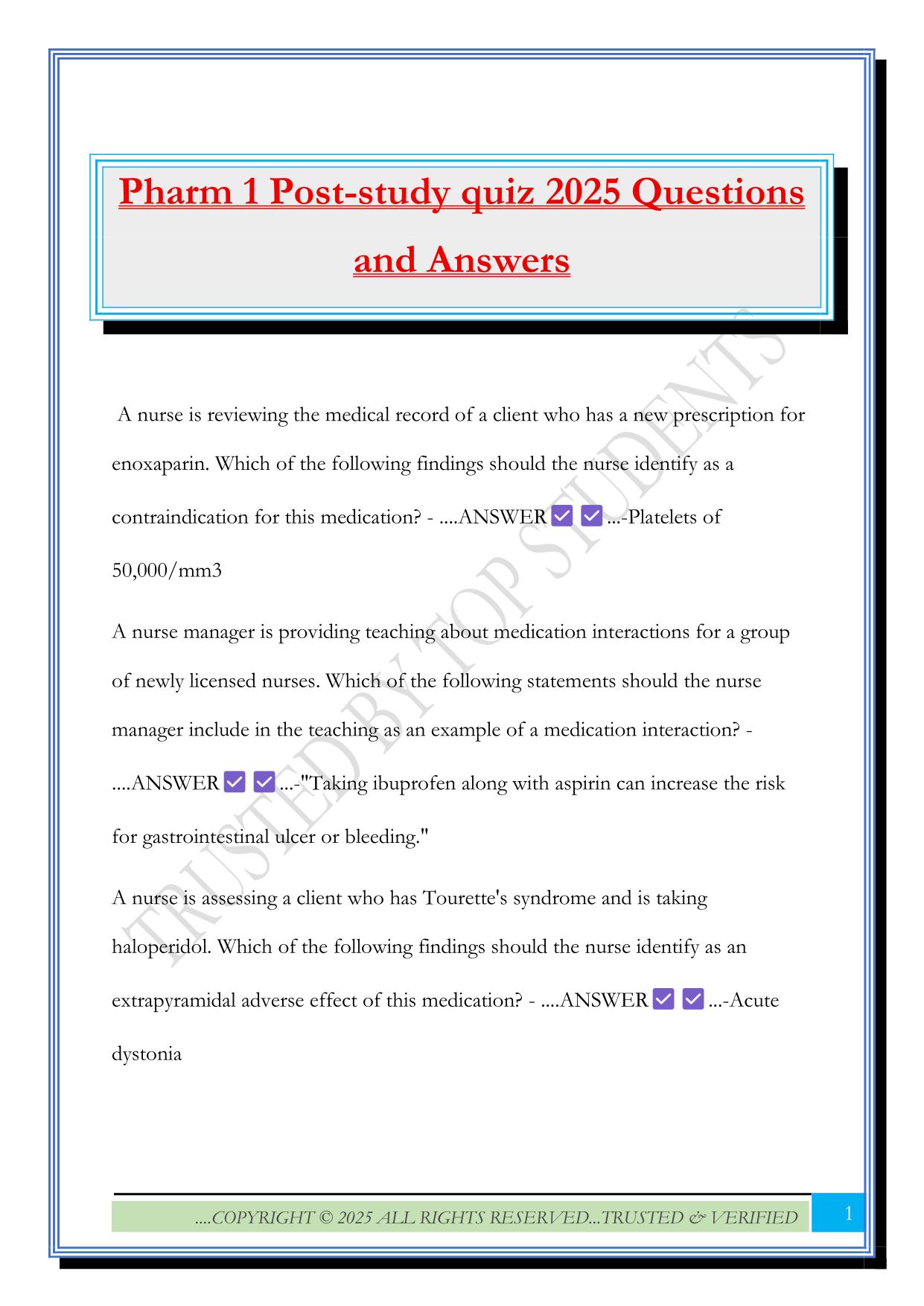 Pharm 1 Post-study quiz 2025 Questions and Answers