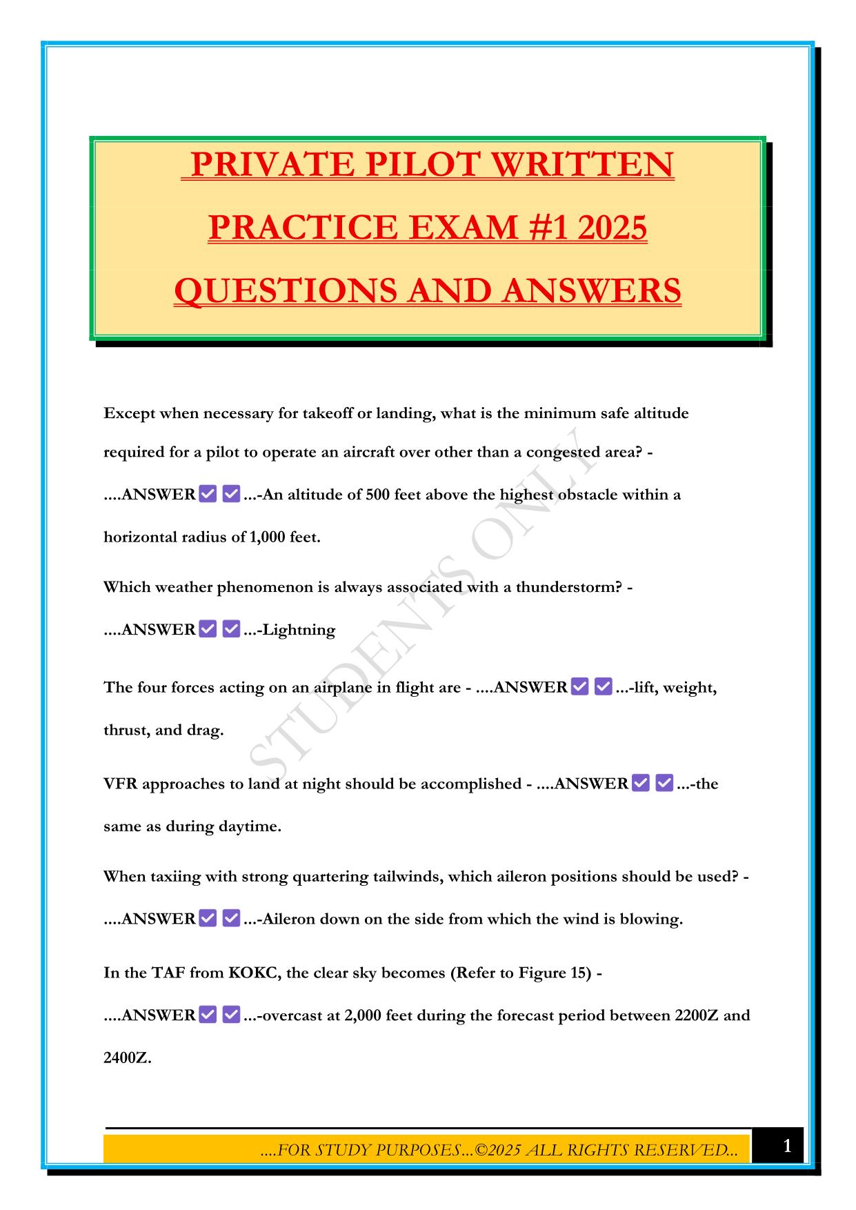 PRIVATE PILOT WRITTEN PRACTICE EXAM #1 2025 QUESTIONS AND ANSWERS