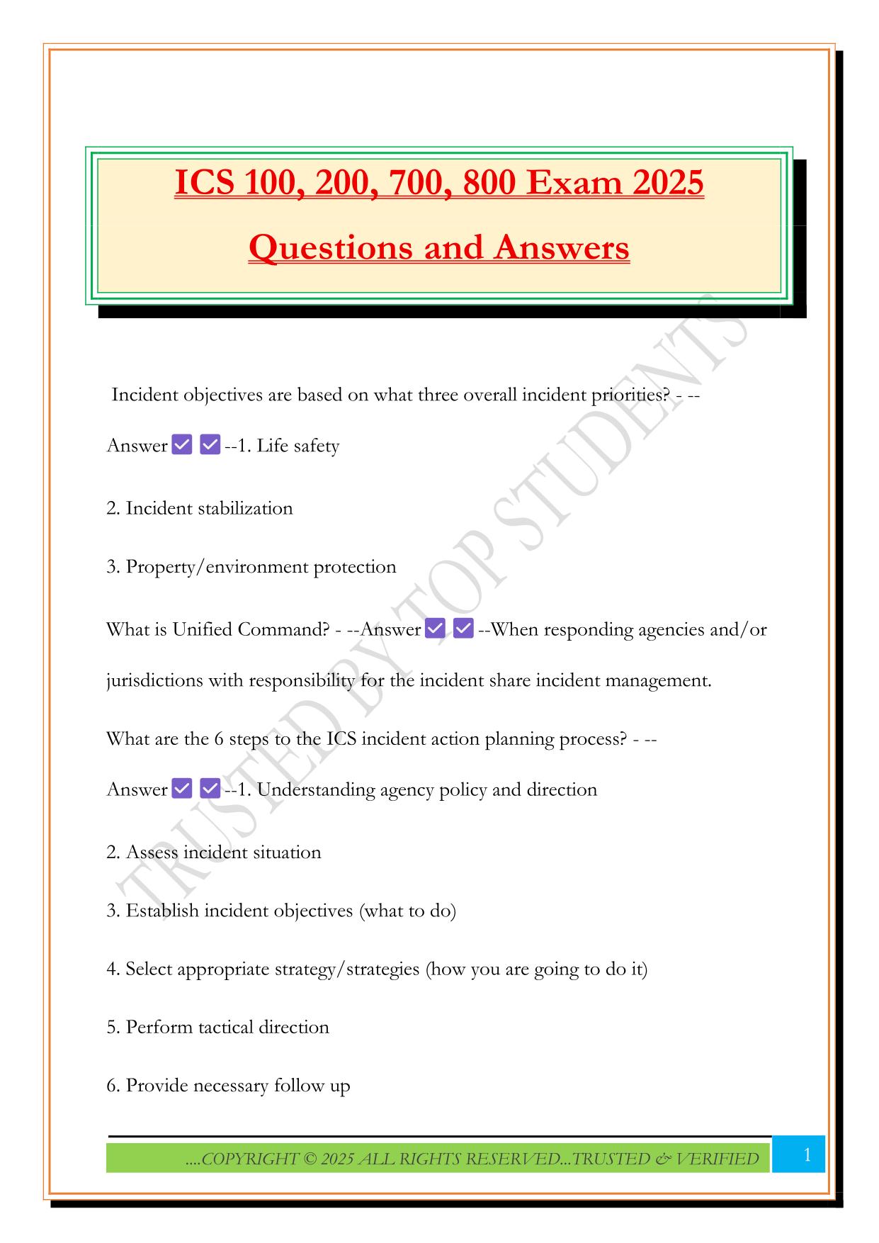 ICS 100, 200, 700, 800 Exam 2025 Questions and Answers