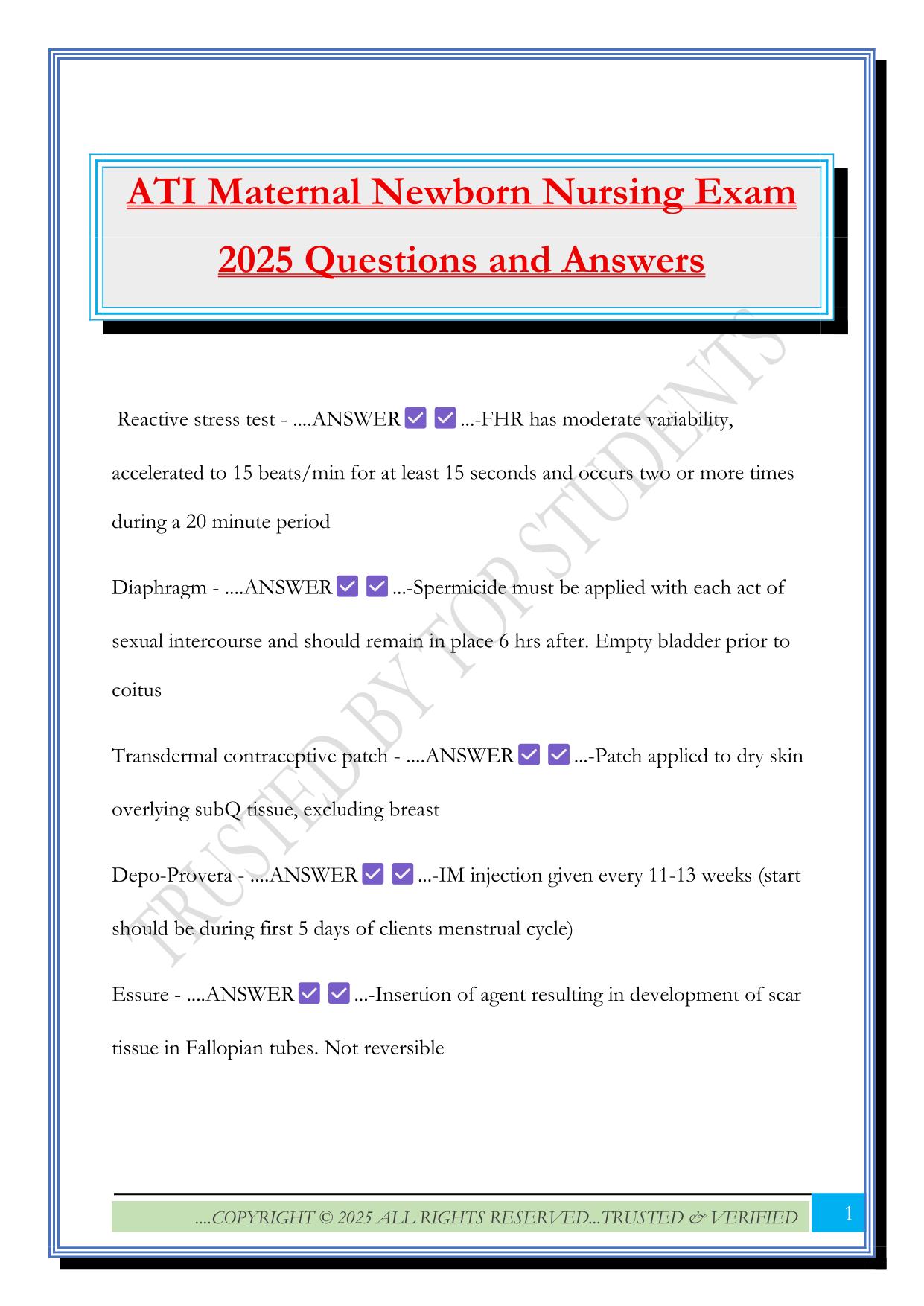 ATI Maternal Newborn Nursing Exam 2025 Questions and Answers