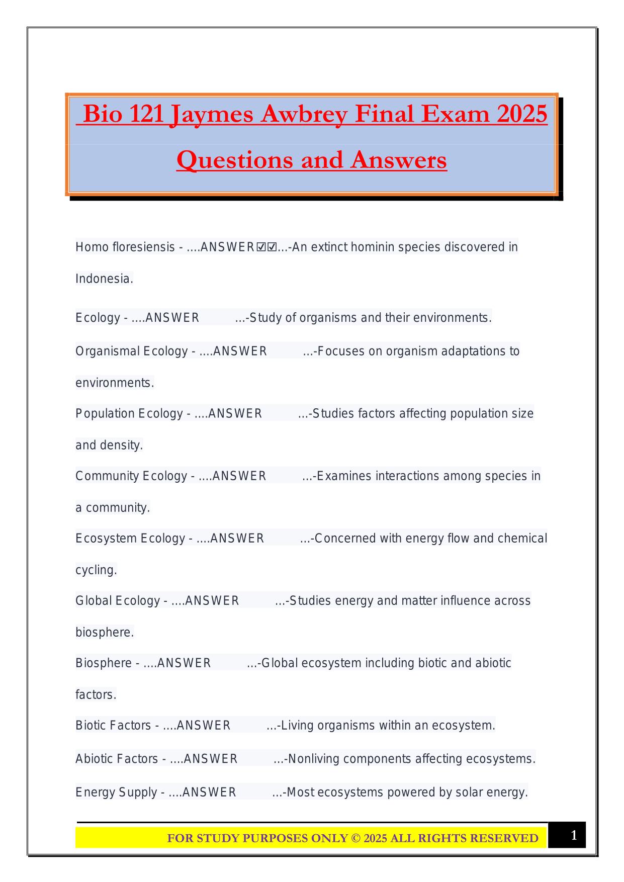Bio 121 Jaymes Awbrey Final Exam 2025 Questions and Answers