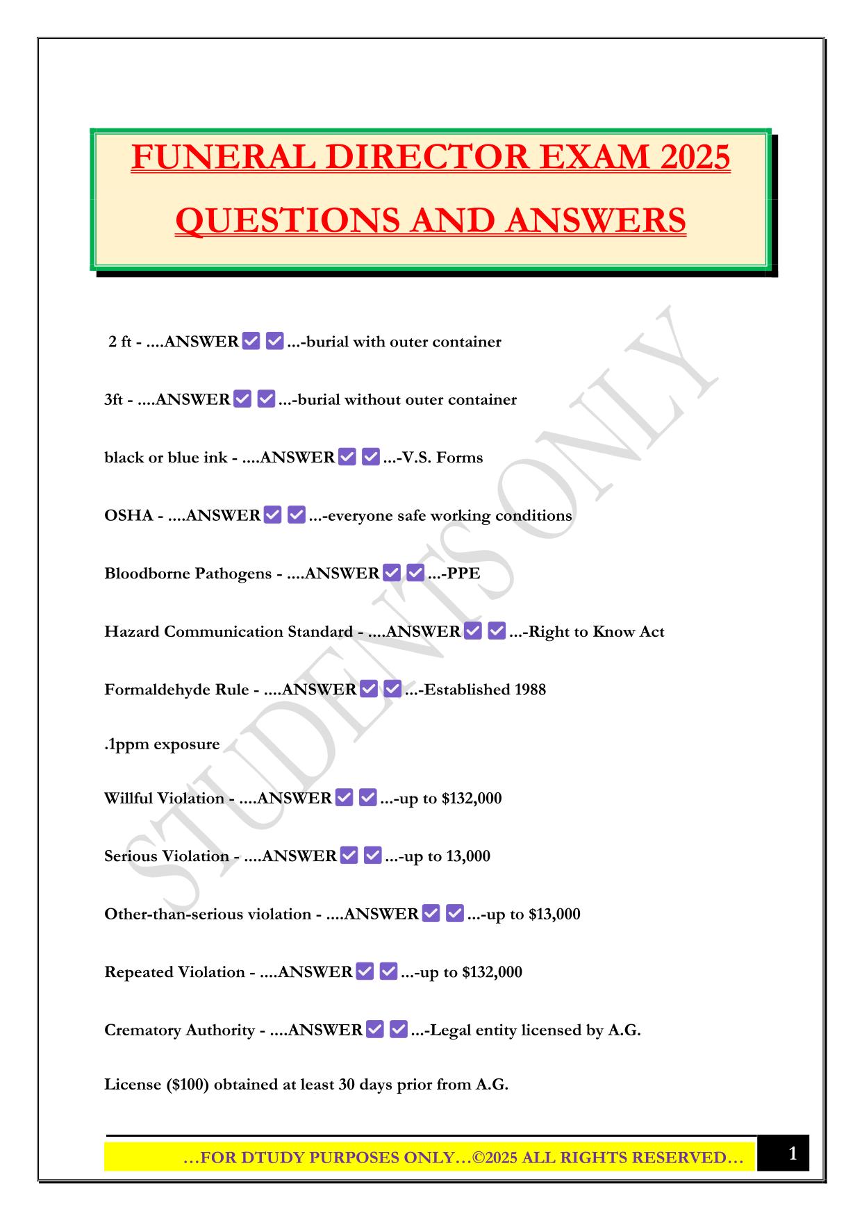 FUNERAL DIRECTOR EXAM 2025 QUESTIONS AND ANSWERS