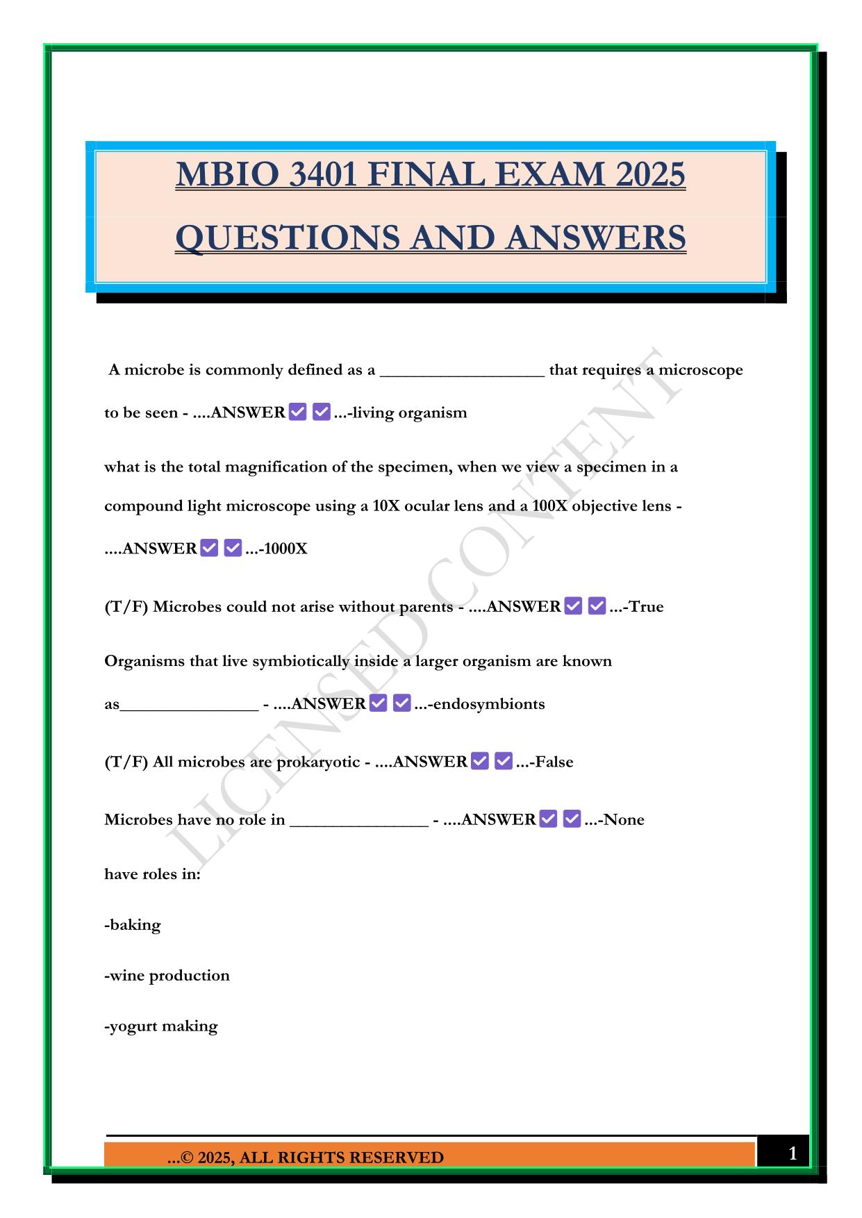 MBIO 3401 FINAL EXAM 2025 QUESTIONS AND ANSWERS