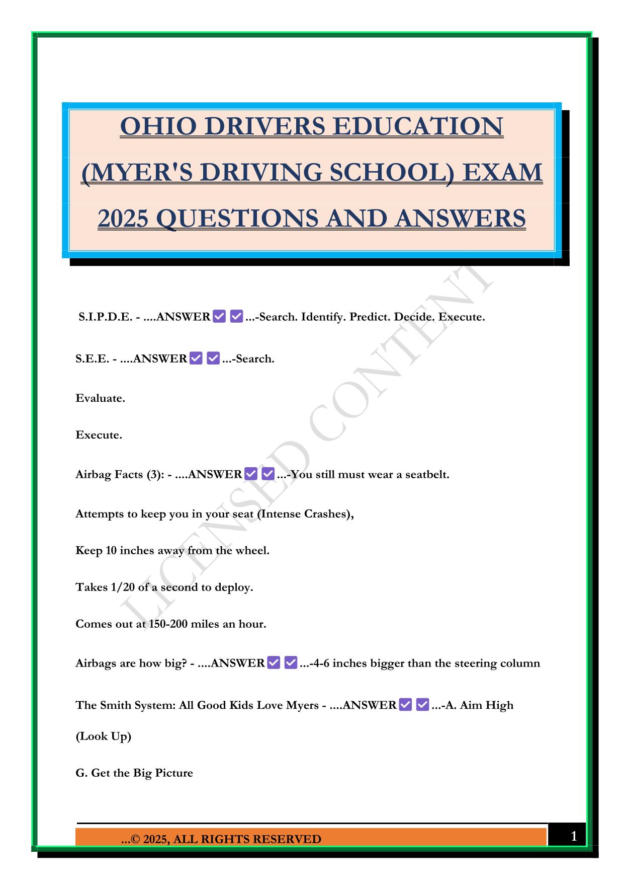 OHIO DRIVERS EDUCATION (MYER'S DRIVING SCHOOL) EXAM 2025 QUESTIONS AND ANSWERS