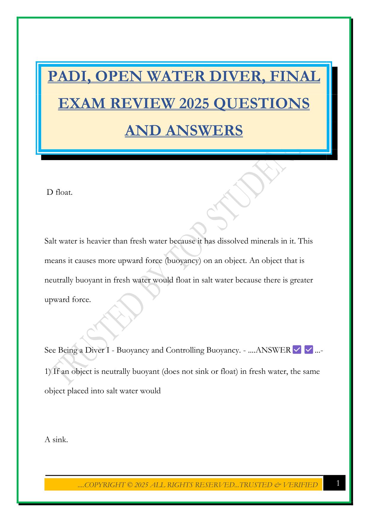 PADI, OPEN WATER DIVER, FINAL EXAM REVIEW 2025 QUESTIONS AND ANSWERS
