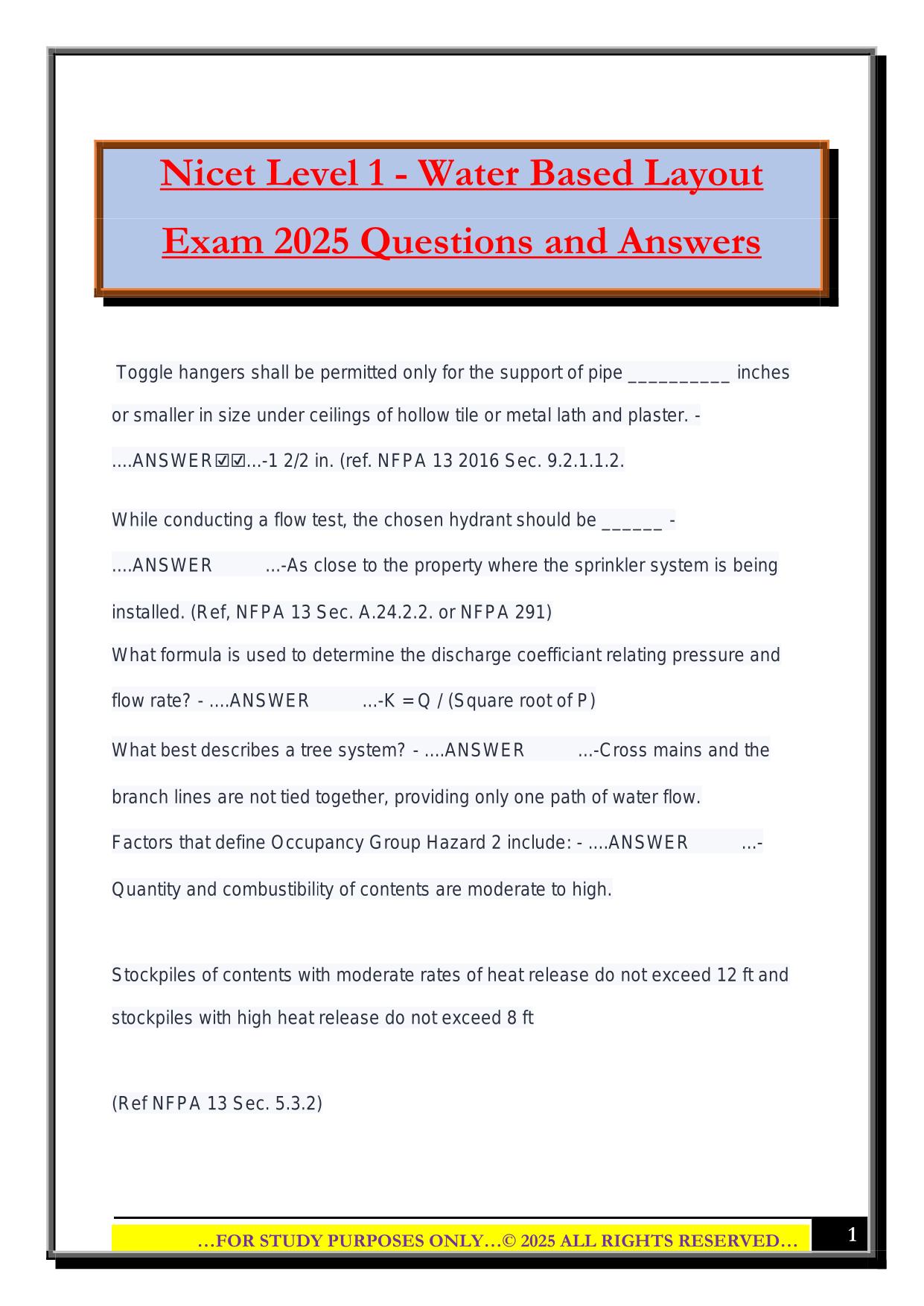 Nicet Level 1 - Water Based Layout Exam 2025 Questions and Answers
