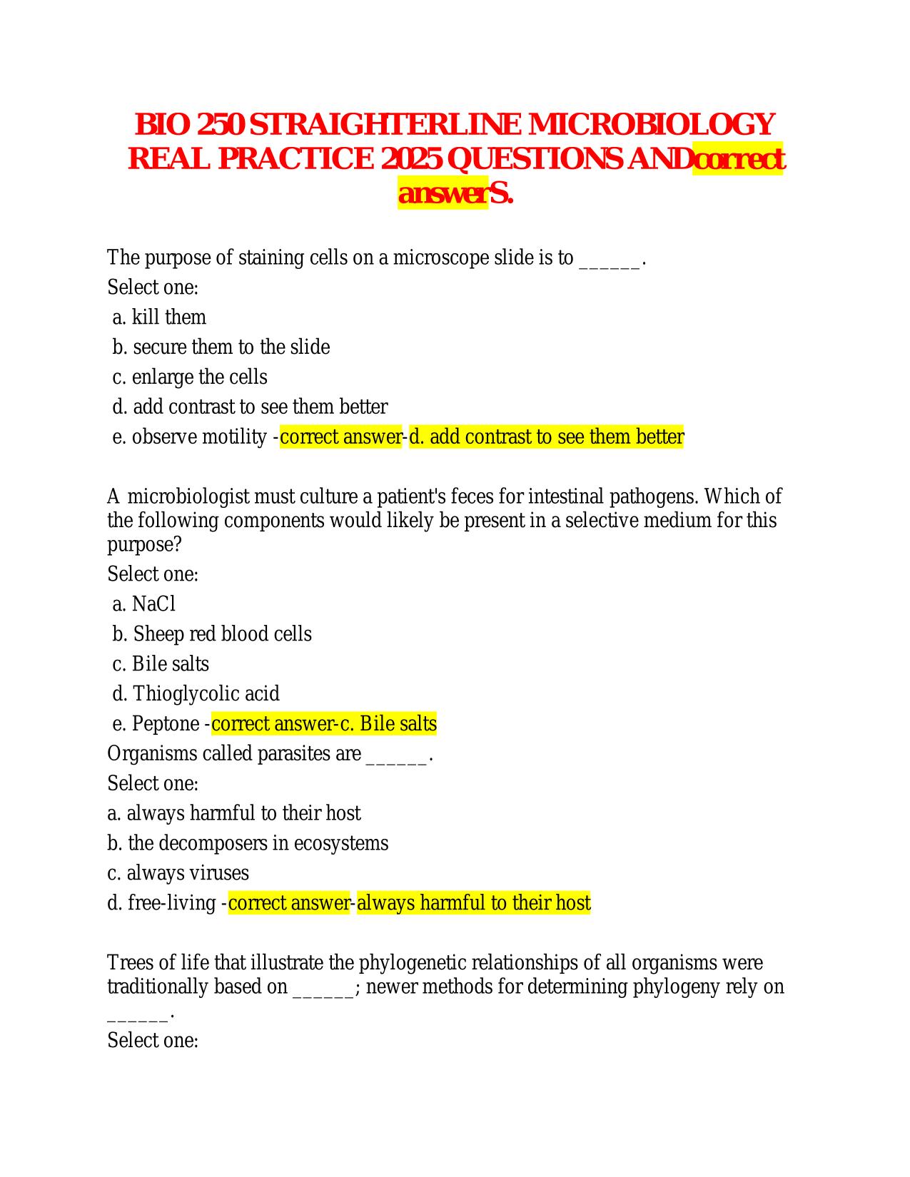 BIO 250 STRAIGHTERLINE MICROBIOLOGY REAL PRACTICE 2025 QUESTIONS ANDcorrect answerS.