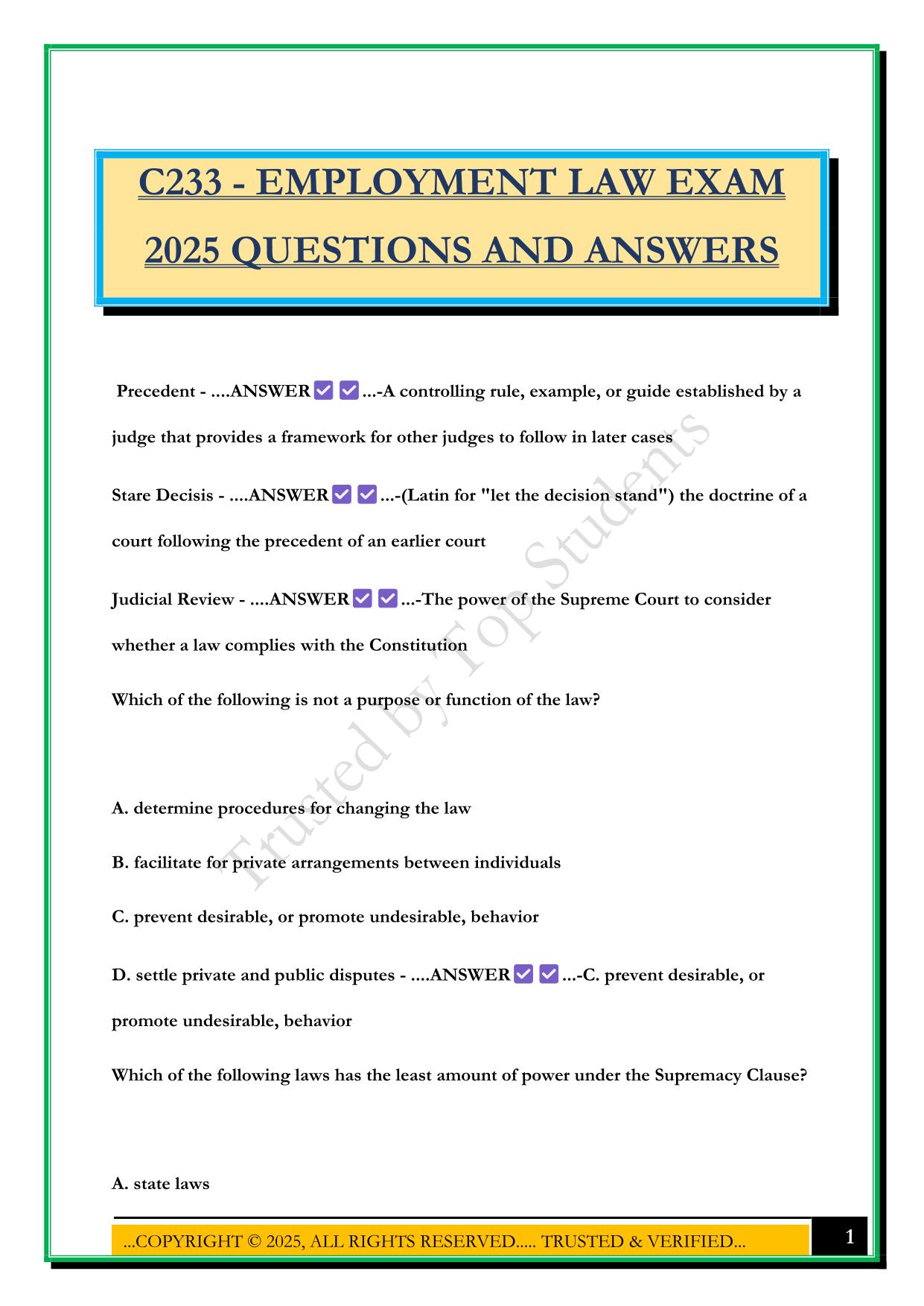 C233 - EMPLOYMENT LAW EXAM 2025 QUESTIONS AND ANSWERS
