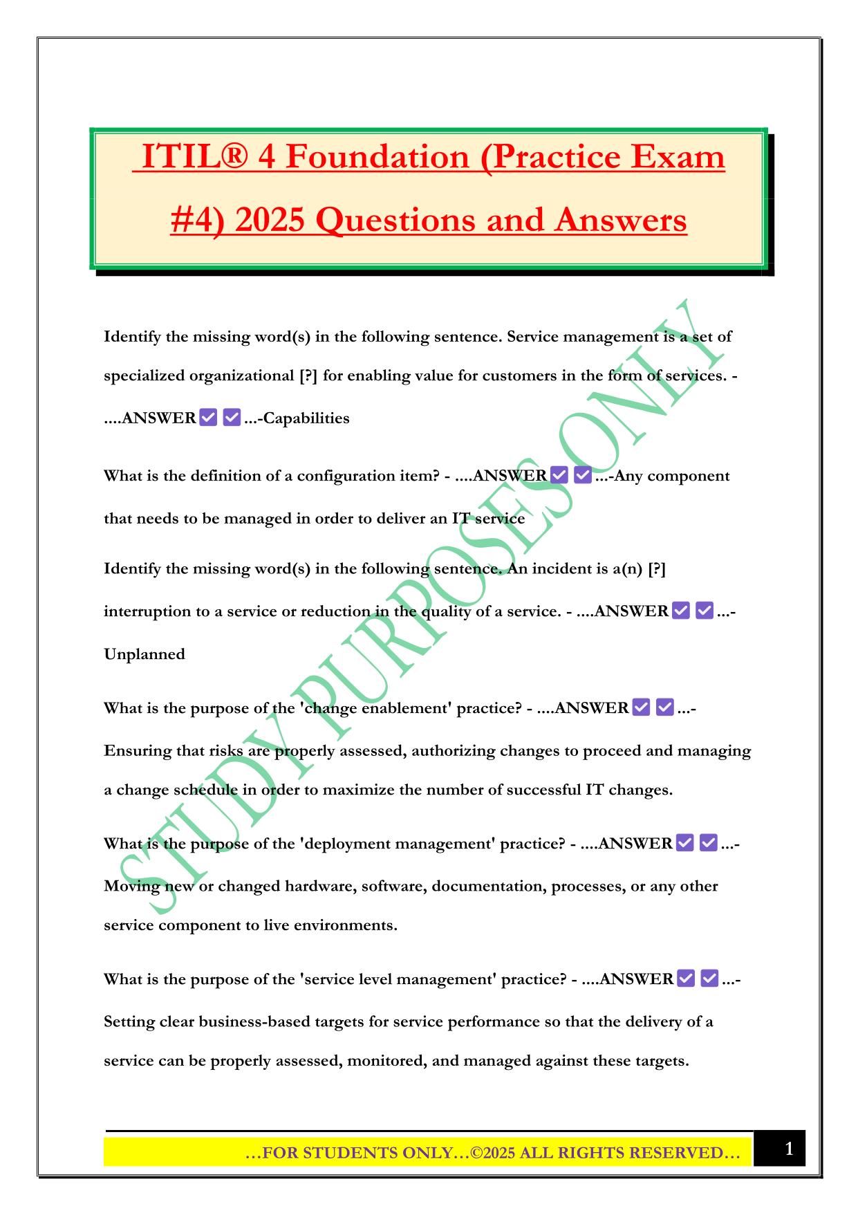ITIL® 4 Foundation (Practice Exam #4) 2025 Questions and Answers