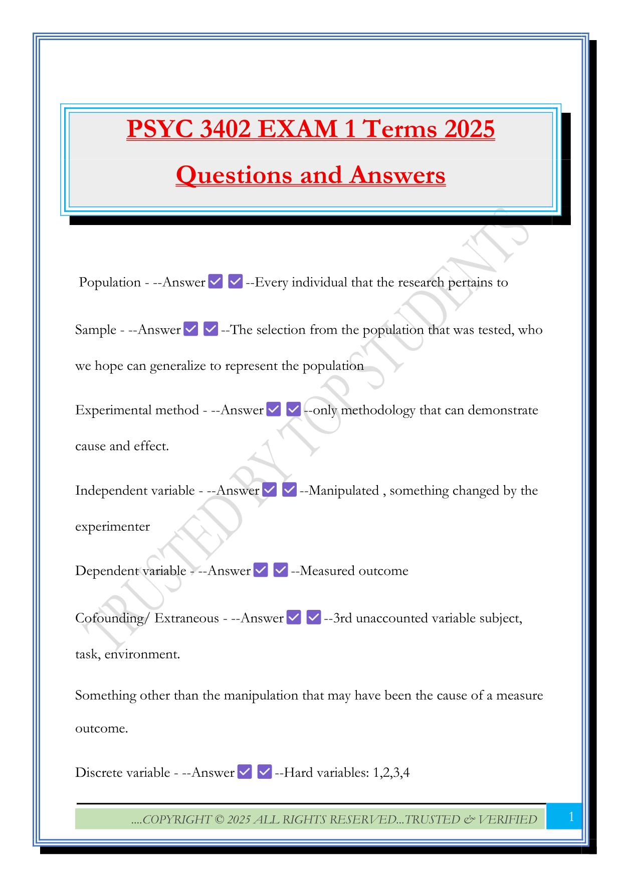 PSYC 3402 EXAM 1 Terms 2025 Questions and Answers
