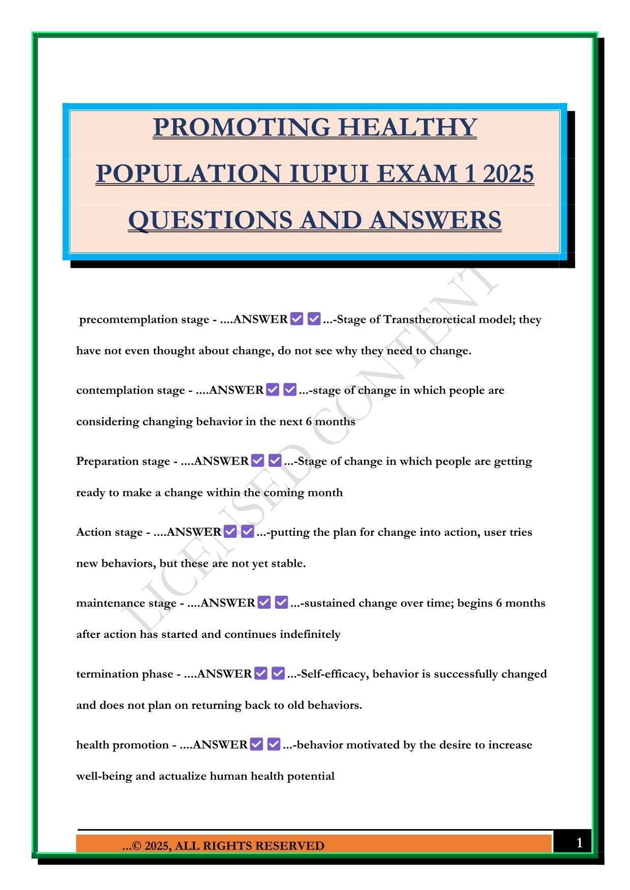 PROMOTING HEALTHY POPULATION IUPUI EXAM 1 2025 QUESTIONS AND ANSWERS