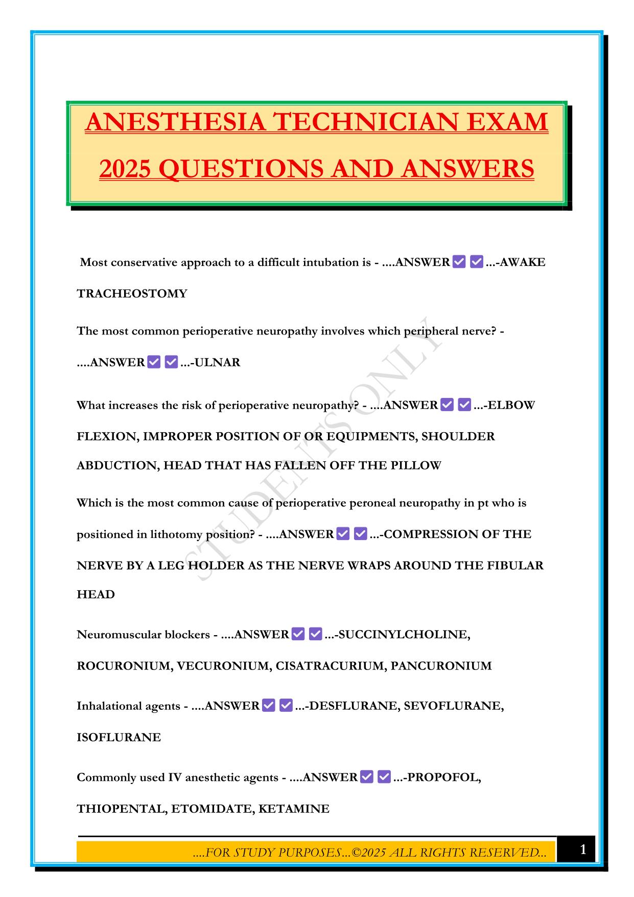 ANESTHESIA TECHNICIAN EXAM 2025 QUESTIONS AND ANSWERS