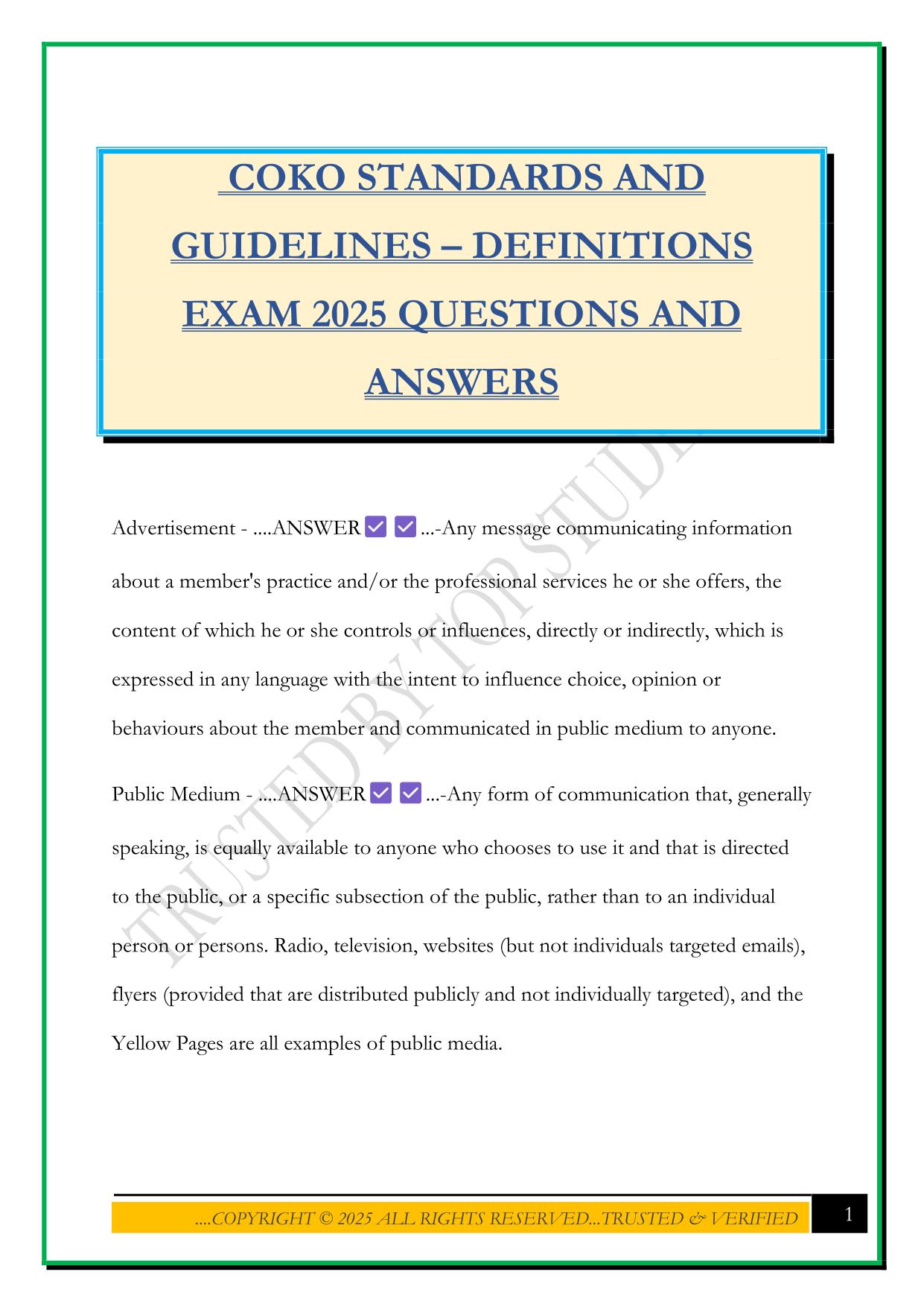 COKO STANDARDS AND GUIDELINES – DEFINITIONS EXAM 2025 QUESTIONS AND ANSWERS