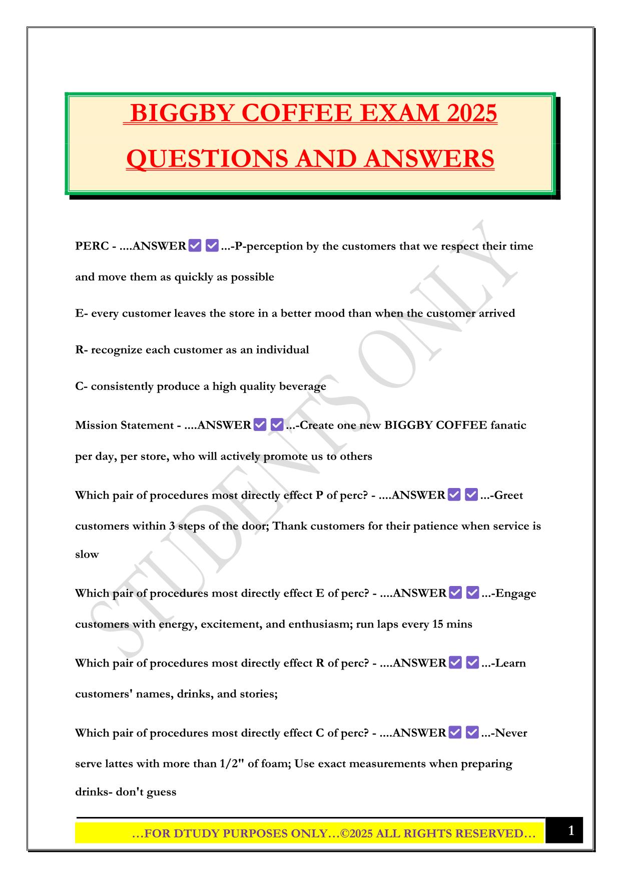 BIGGBY COFFEE EXAM 2025 QUESTIONS AND ANSWERS