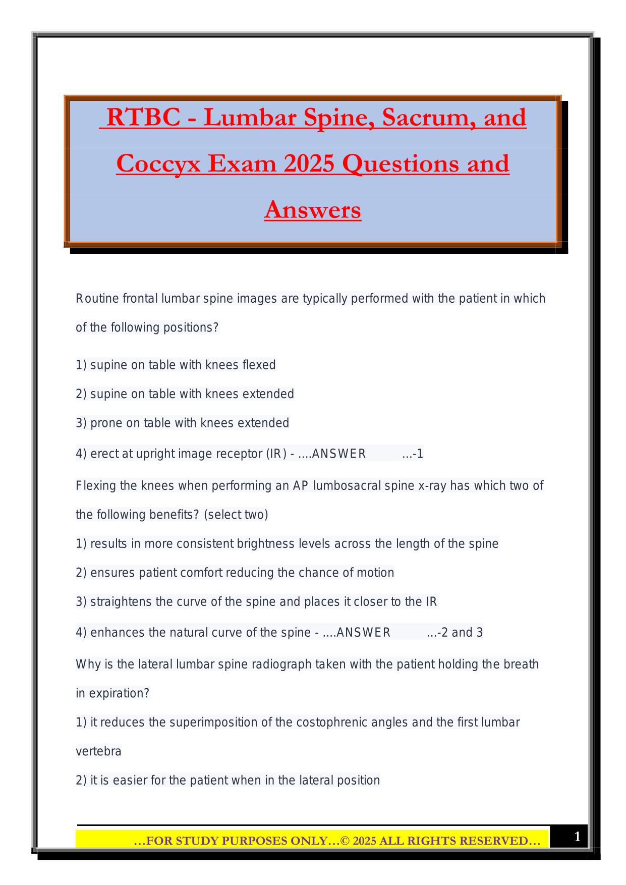 RTBC - Lumbar Spine, Sacrum, and Coccyx Exam 2025 Questions and Answers